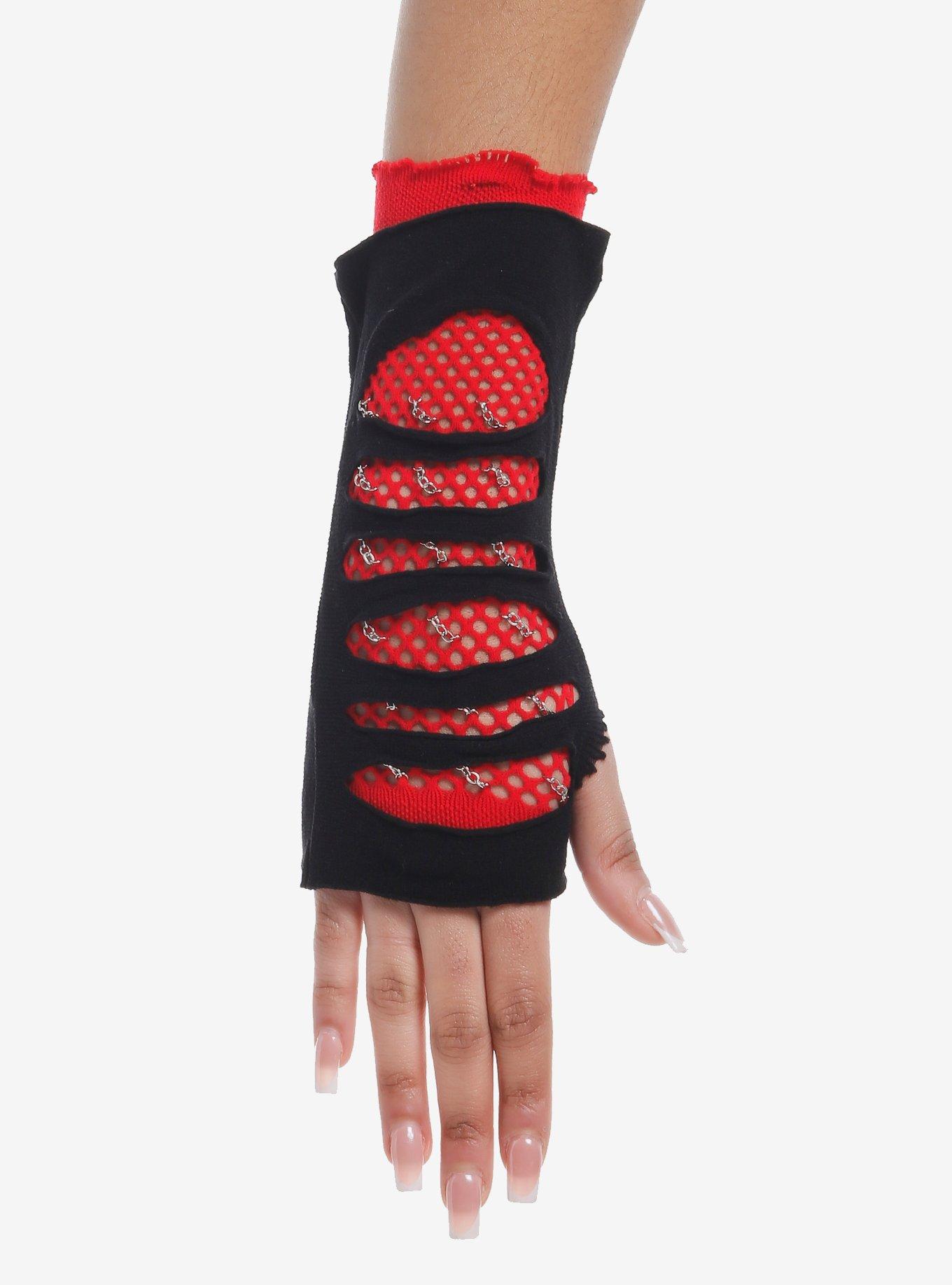 Black & Red Chain Destructed Layered Fishnet Arm Warmers, , hi-res