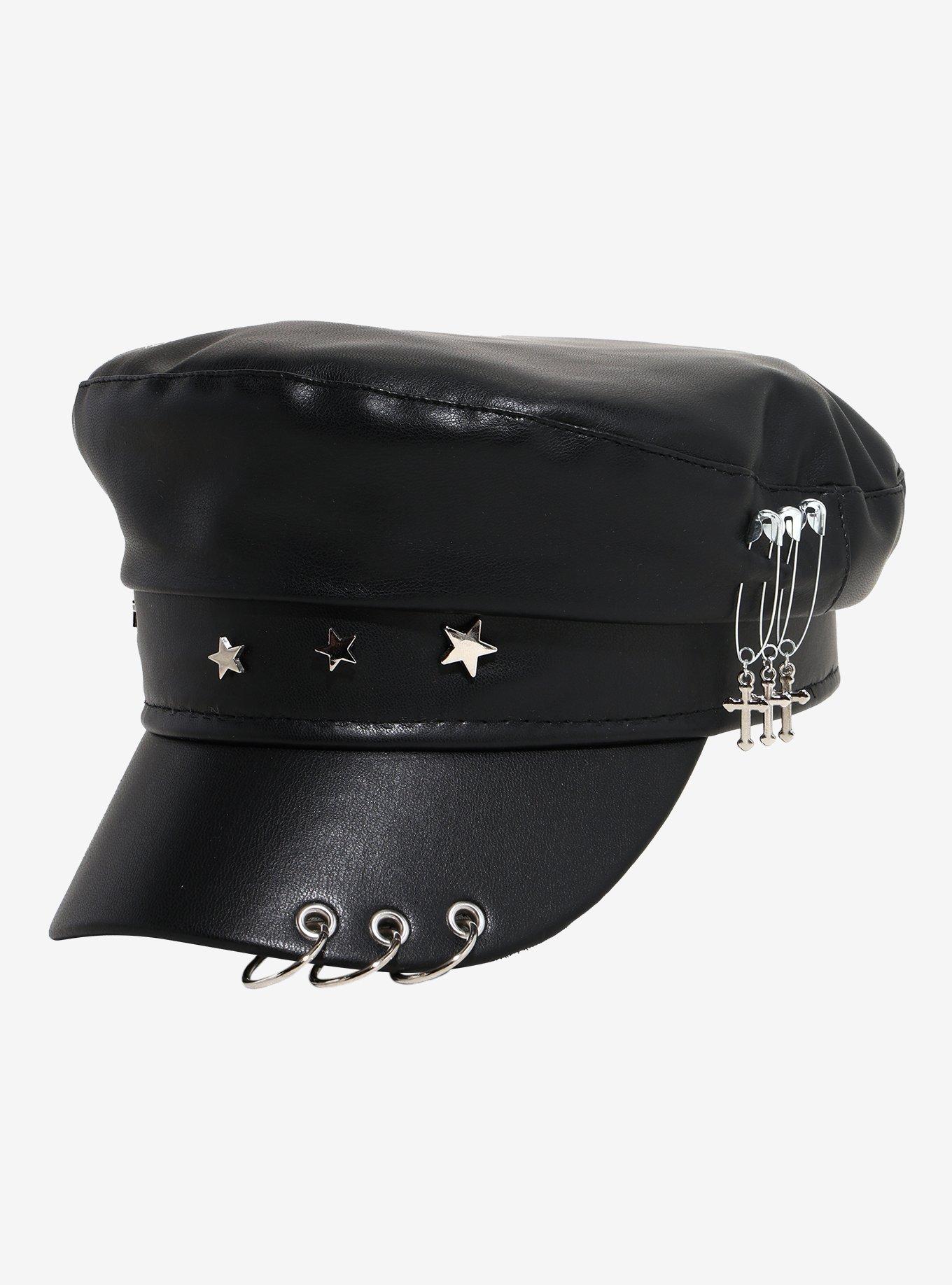 Black Star Pierced Faux Leather Cabbie Hat, , hi-res