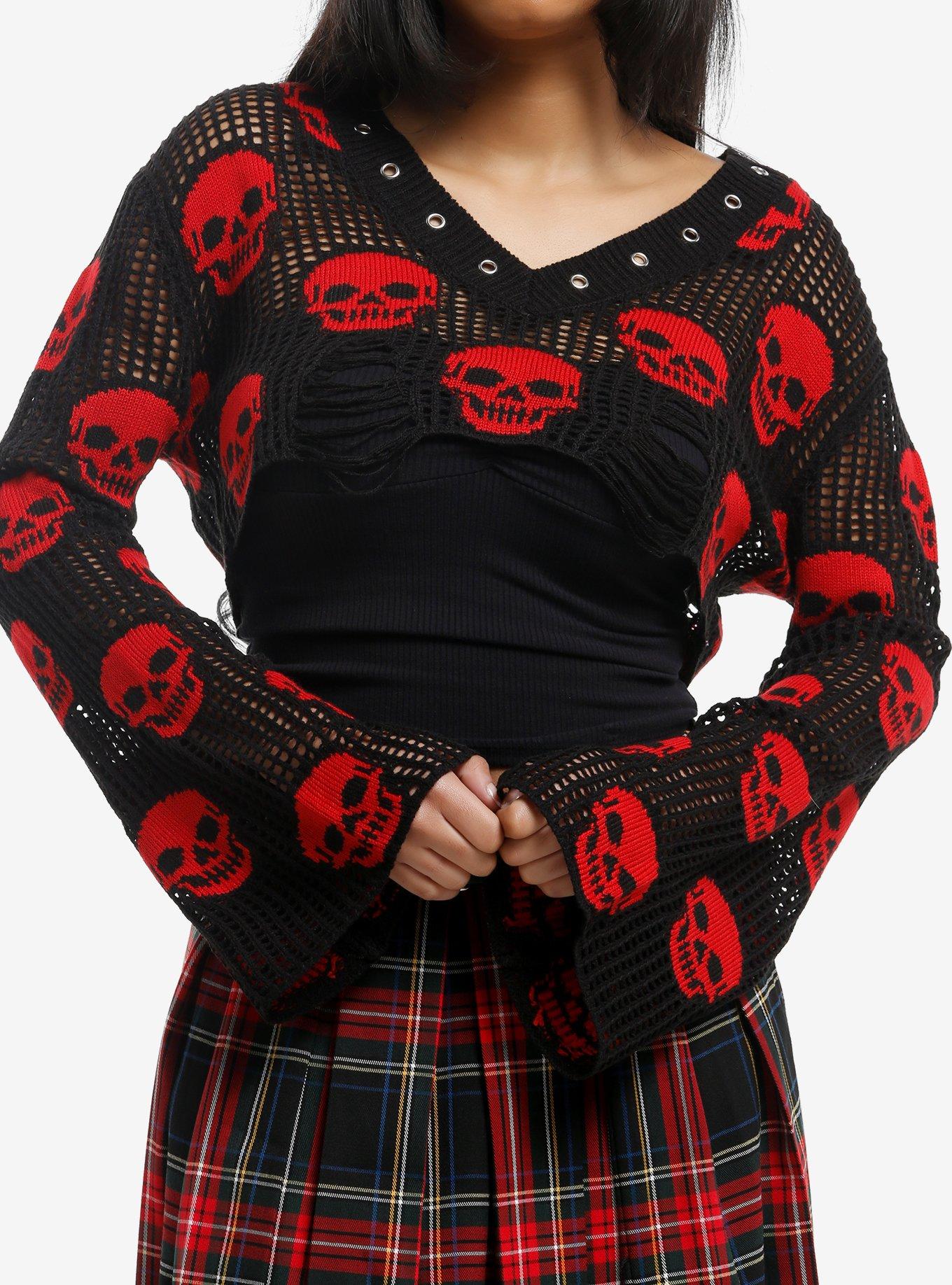 Black & Red Skull Girls Crop Sweater, , hi-res