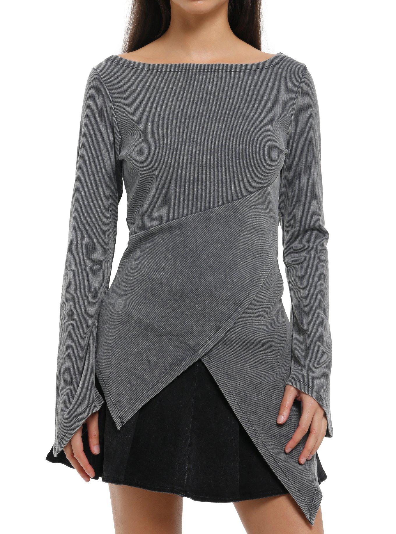 KIHILIST Grey Asymmetrical Hem Girls Long-Sleeve Top, , hi-res
