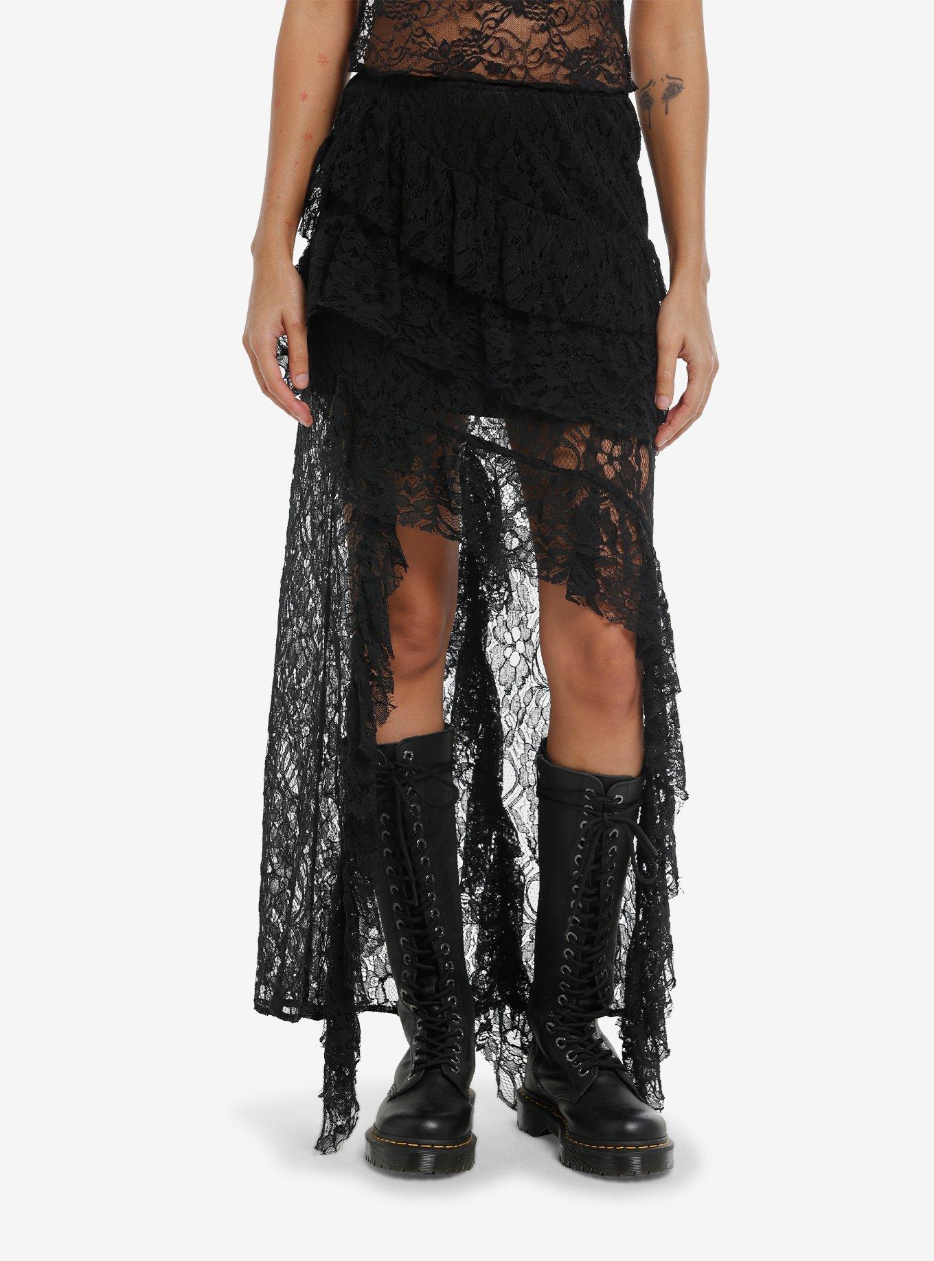 Black Lace Shark Bite Midi Skirt, , hi-res