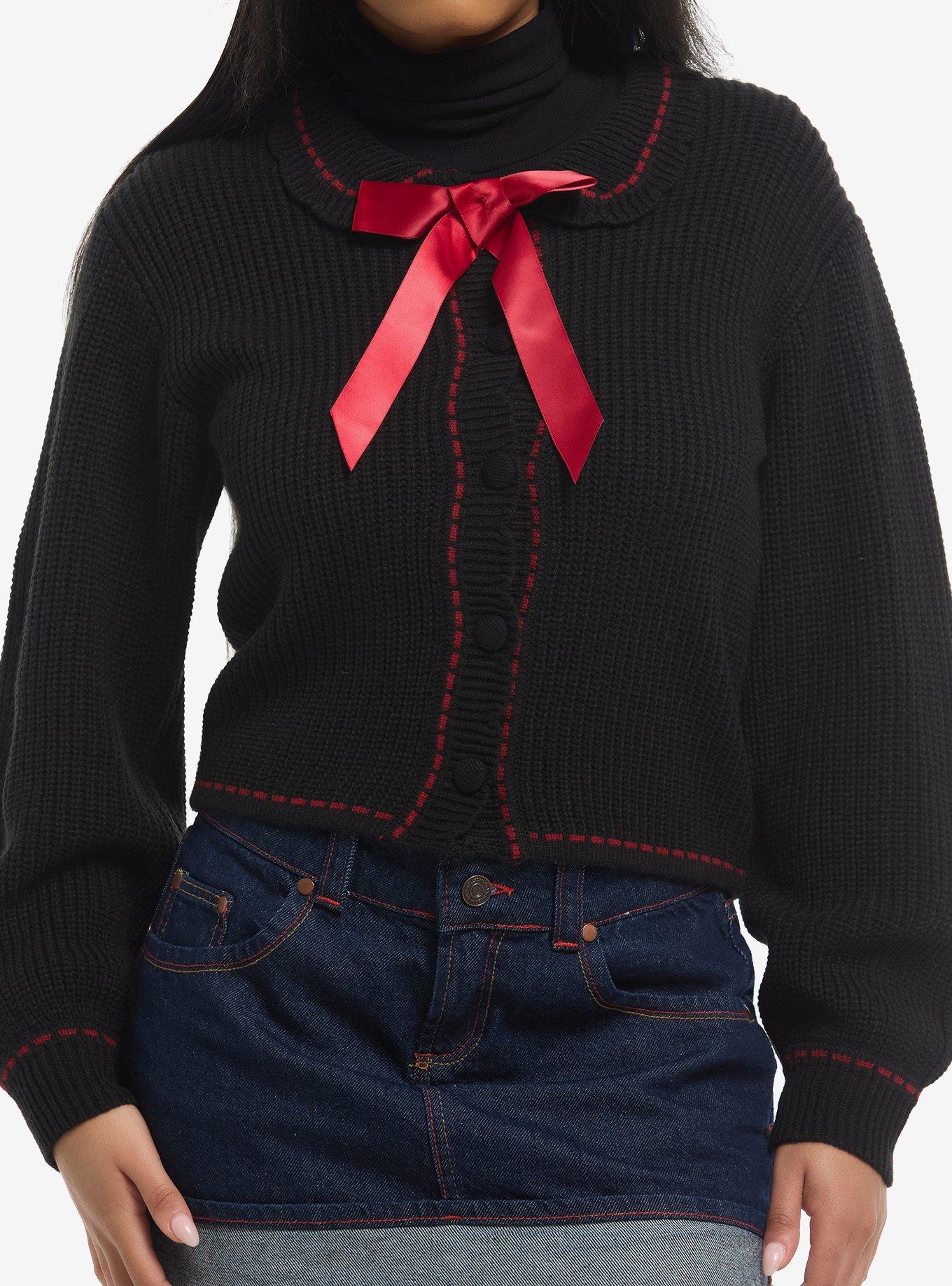 Black & Red Ribbon Girls Knit Cardigan, , hi-res