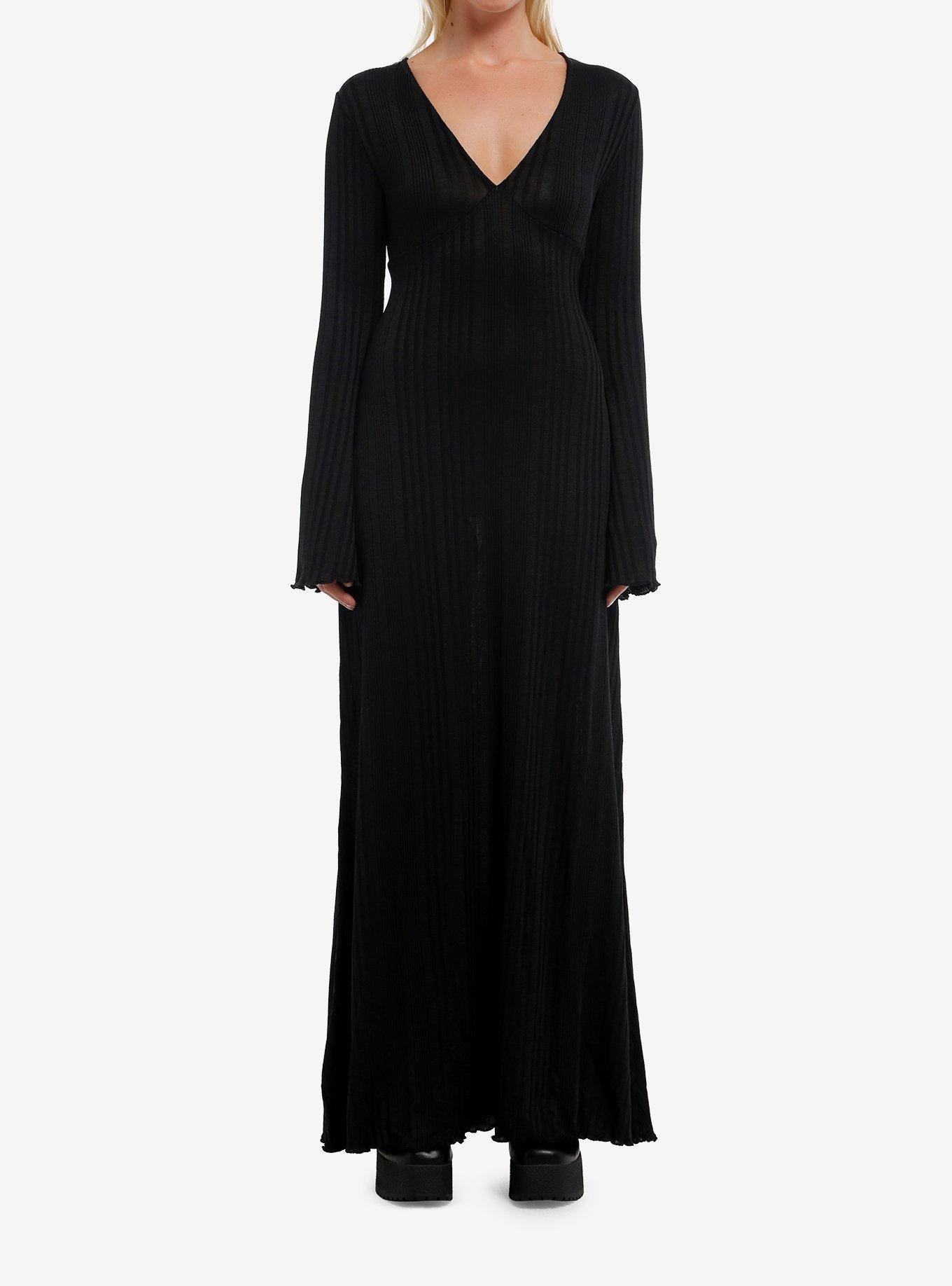 KHILIST Black Ribbed Bell Sleeve Dress, , hi-res