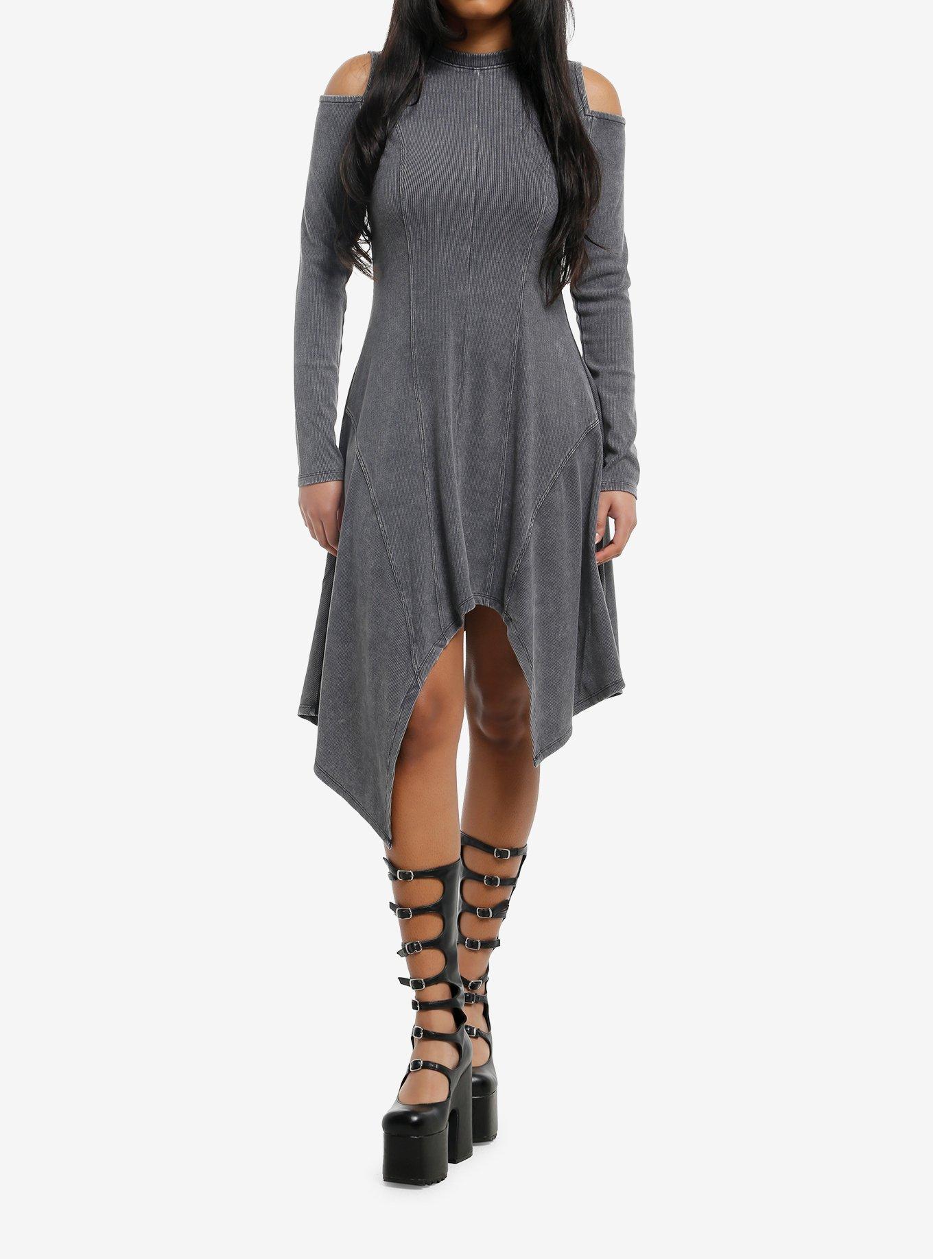 KIHILIST Grey Hanky Hem Cold-Shoulder Dress, , hi-res
