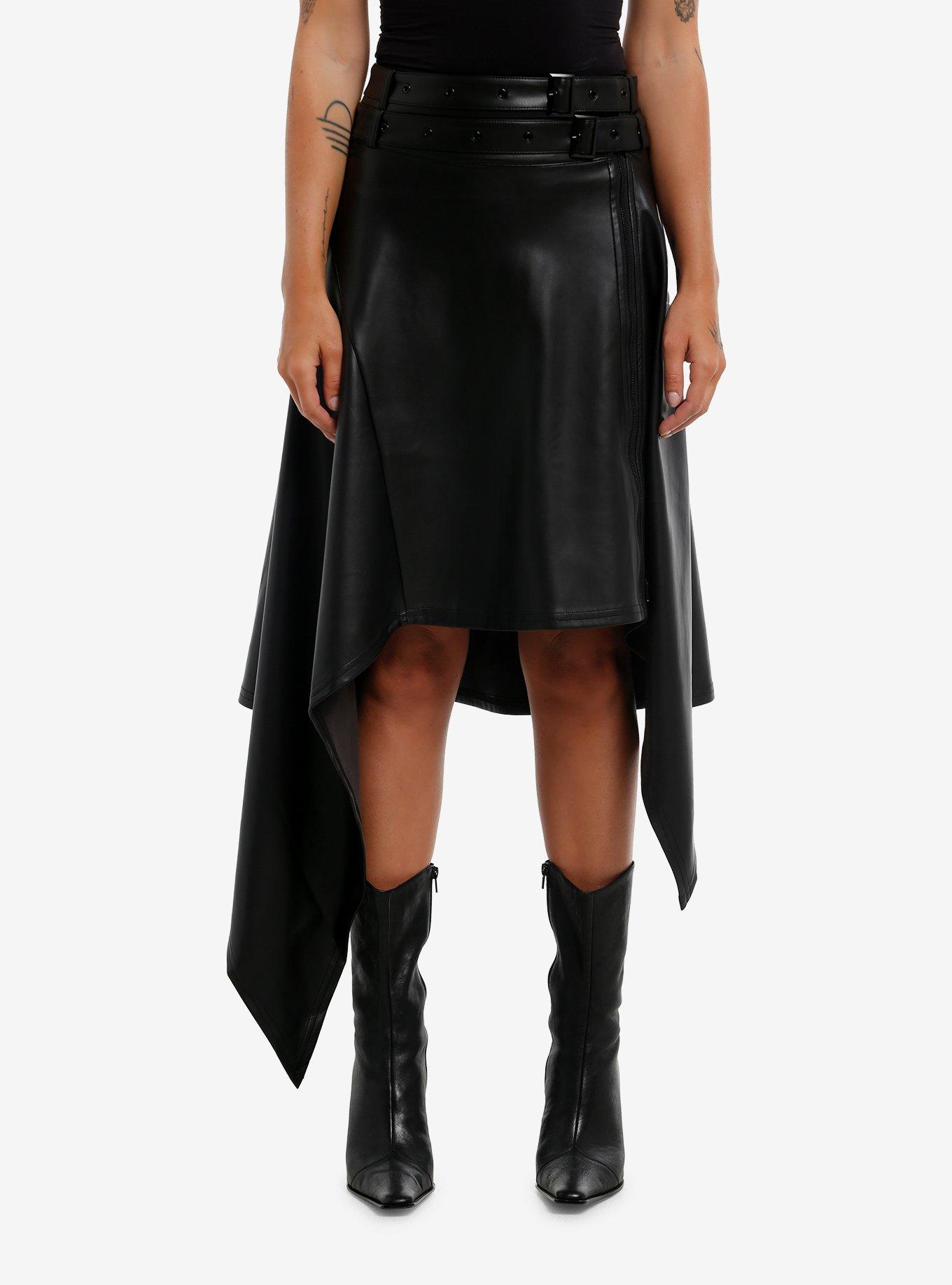 KIHILIST Black Faux Leather Asymmetrical Skirt, , hi-res