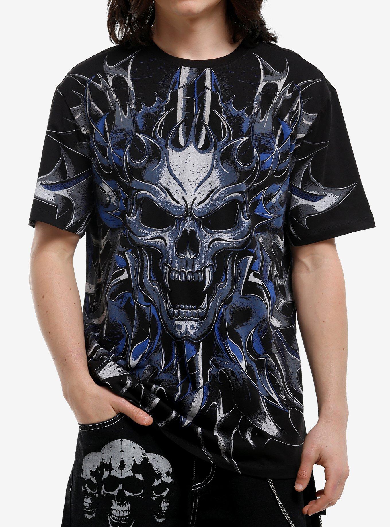 Blue & Silver Jumbo Skull Print T-Shirt, , hi-res