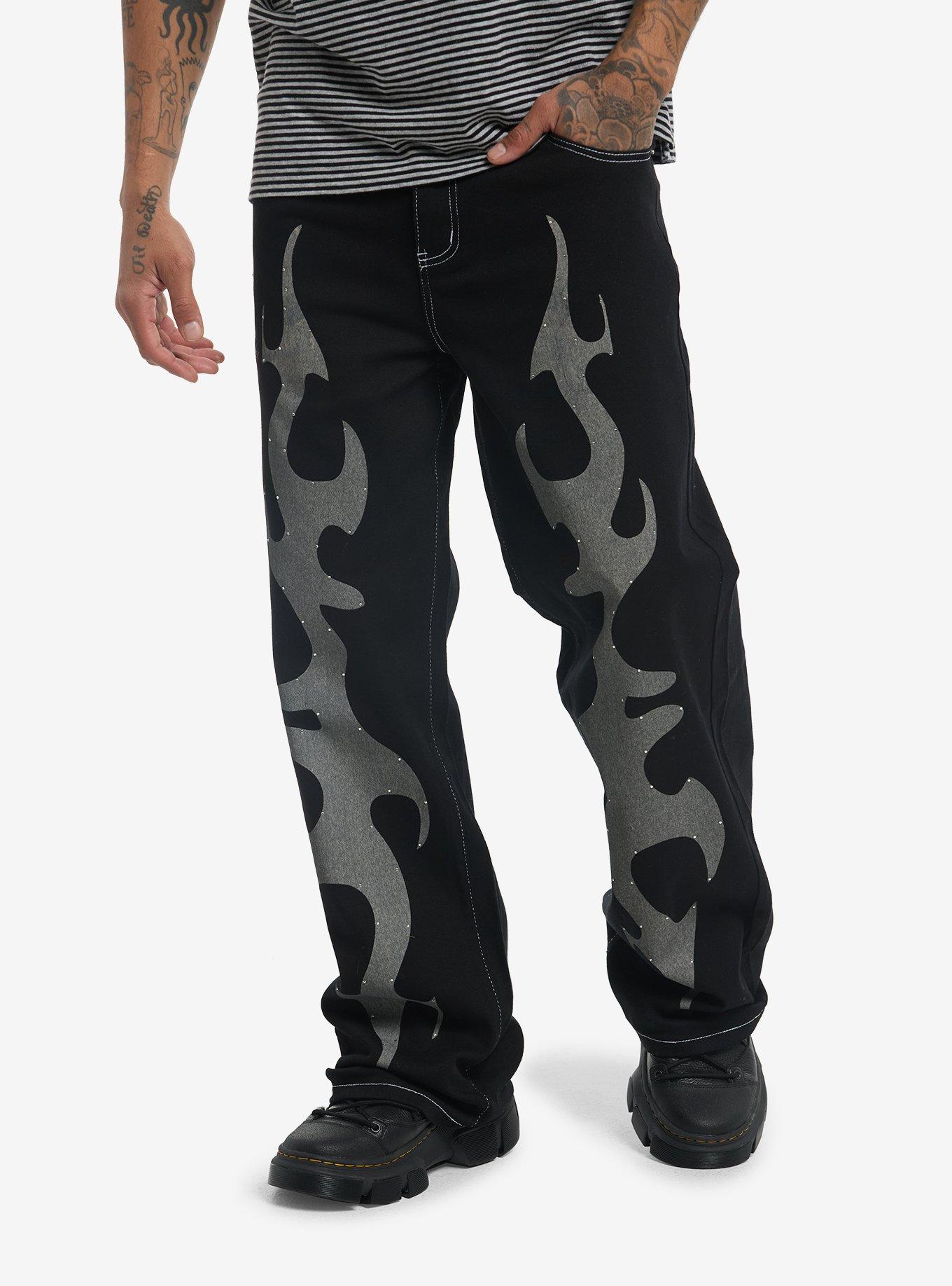 Black & Grey Flame Rhinestone Straight-Leg Jeans, , hi-res