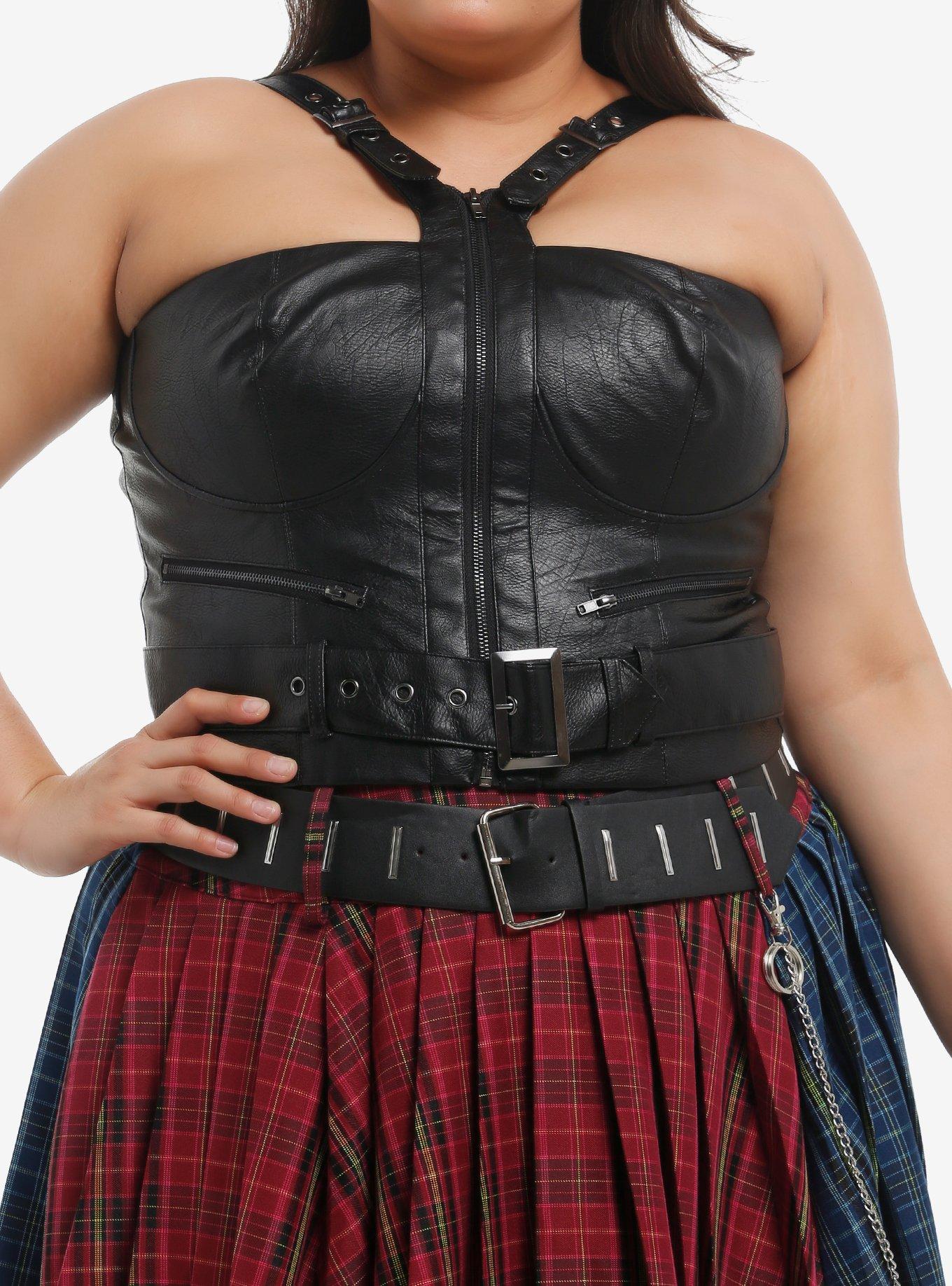 Social Collision Black Grommet Faux Leather Girls Halter Top Plus Size, , hi-res