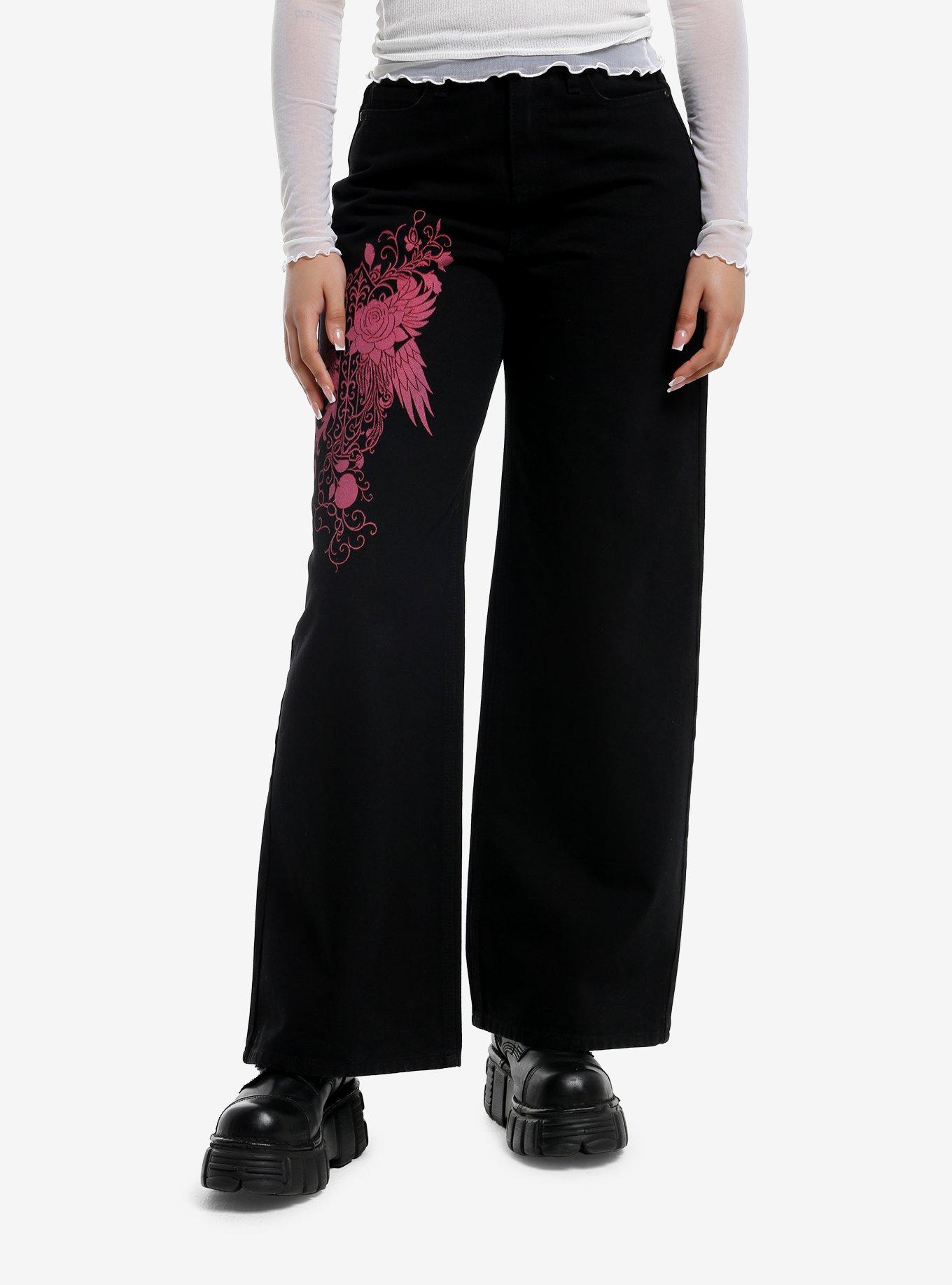 Winged Rose & Cross Black & Pink Wide Leg Jeans