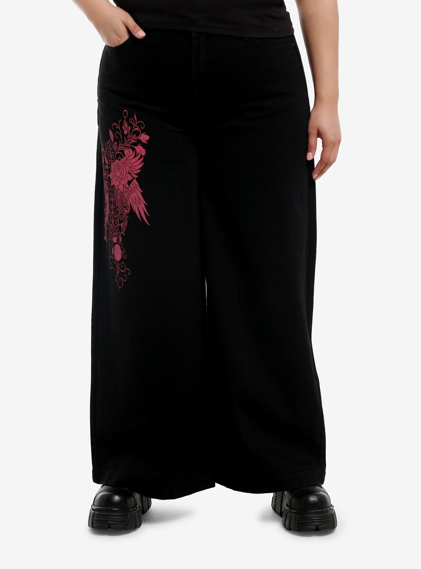 Winged Rose & Cross Black & Pink Girls Wide Leg Jeans Plus Size, , hi-res