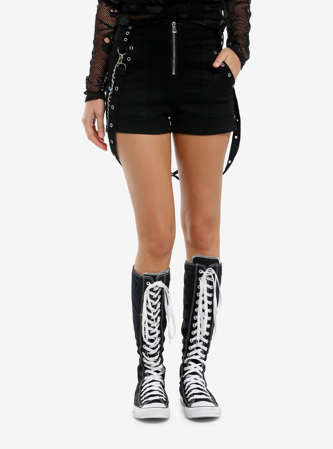 Black Grommet Suspender Denim Shorts, , hi-res