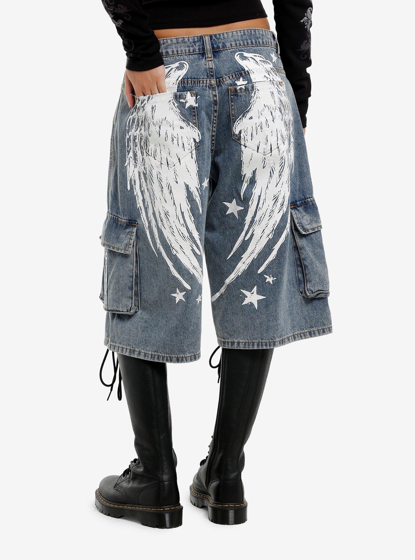 Light Indigo Winged Cross Girls Cargo Jorts, , hi-res