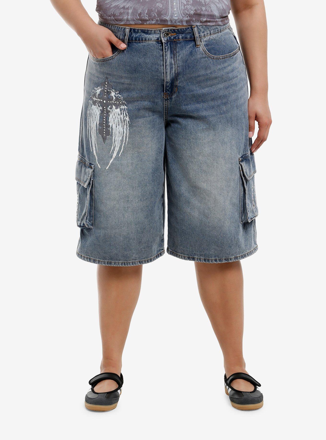 Light Indigo Winged Cross Girls Cargo Jorts Plus Size, , hi-res