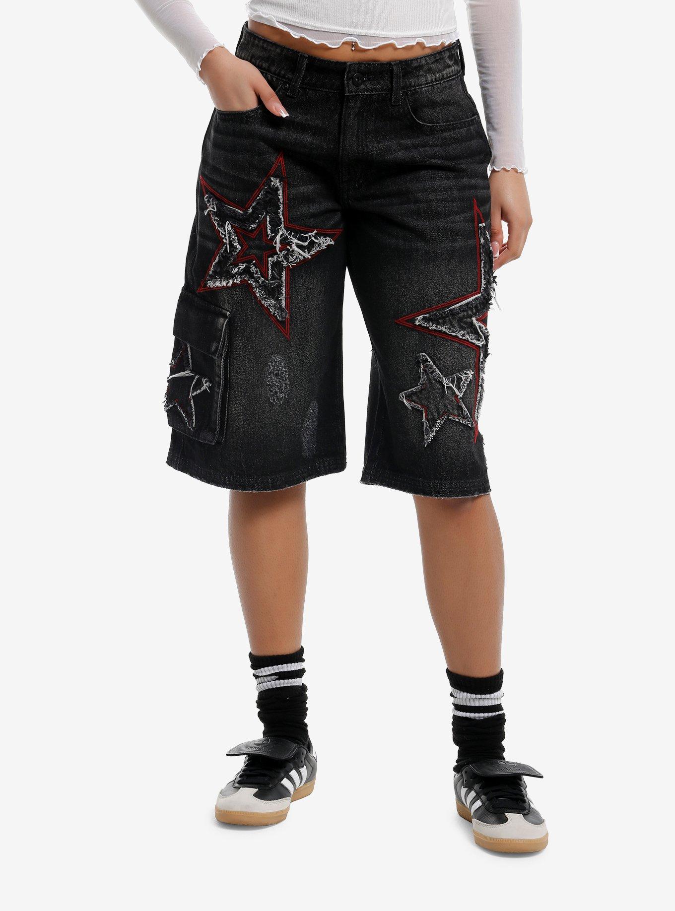 Grey & Red Frayed Star Denim Cargo Shorts | Hot Topic