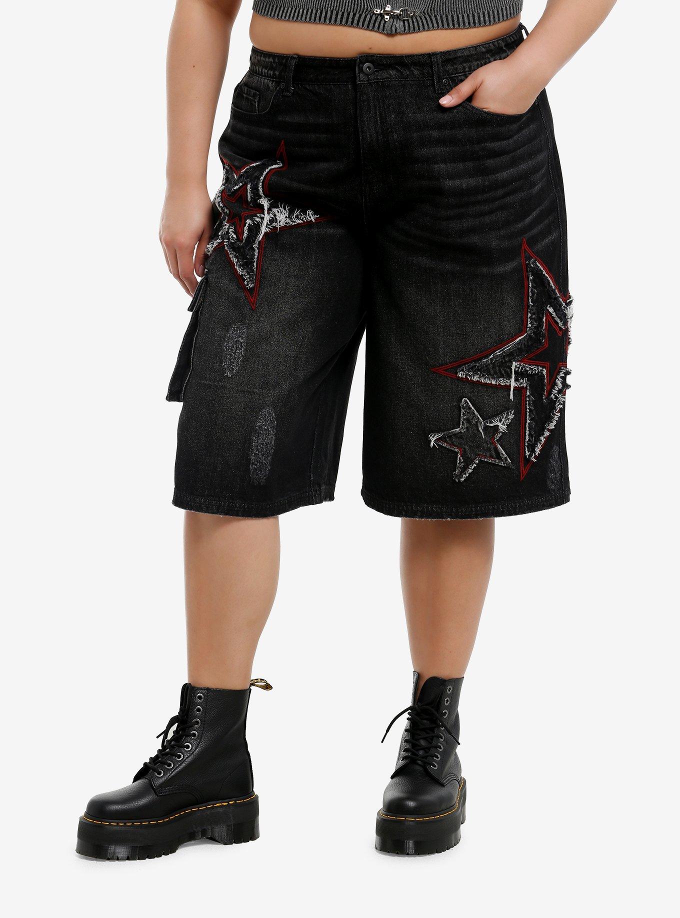 Grey & Red Frayed Star Denim Cargo Shorts Plus Size, , hi-res