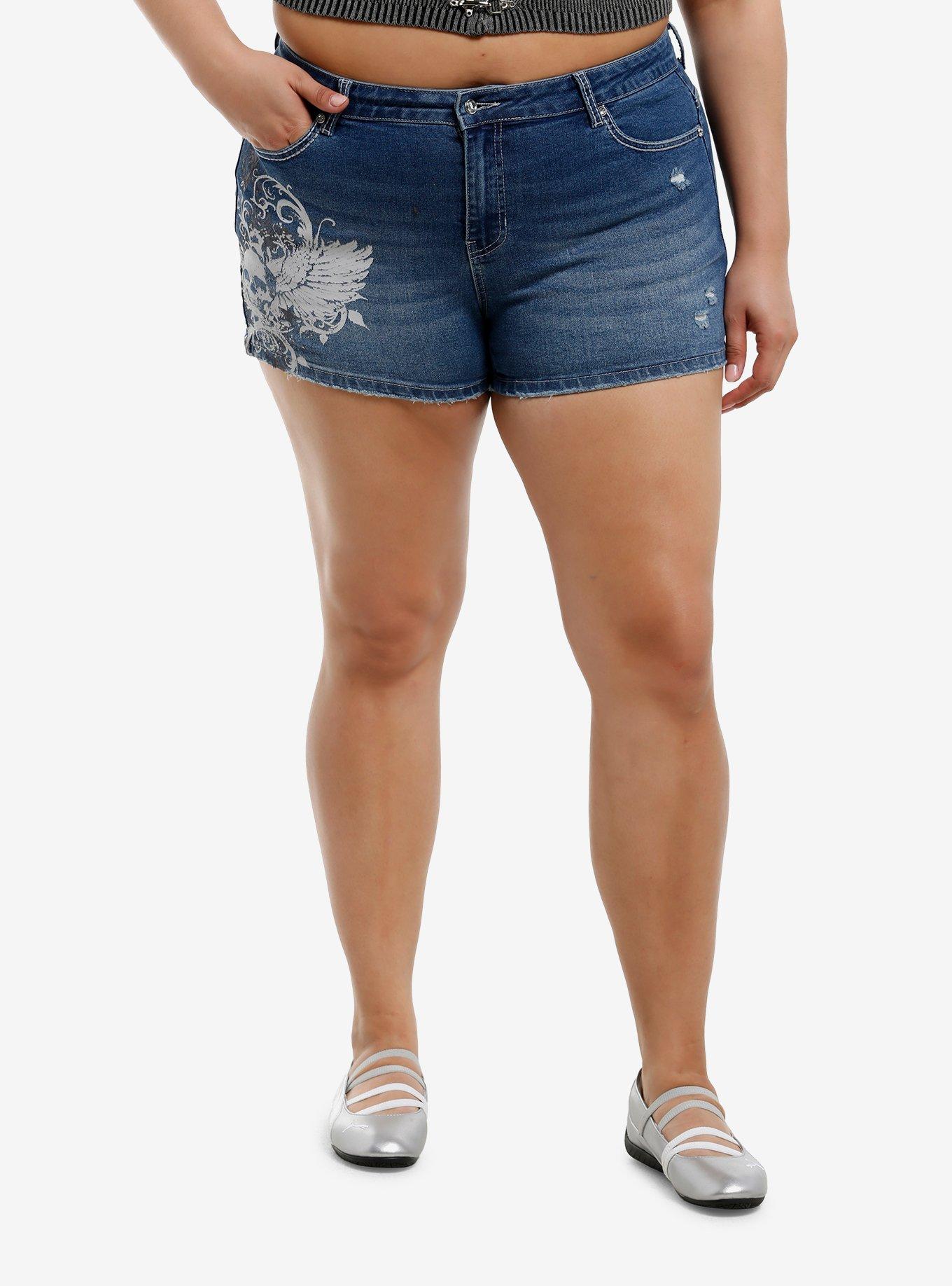 Winged Skull & Rhinestone Denim Shorts Plus Size, , hi-res