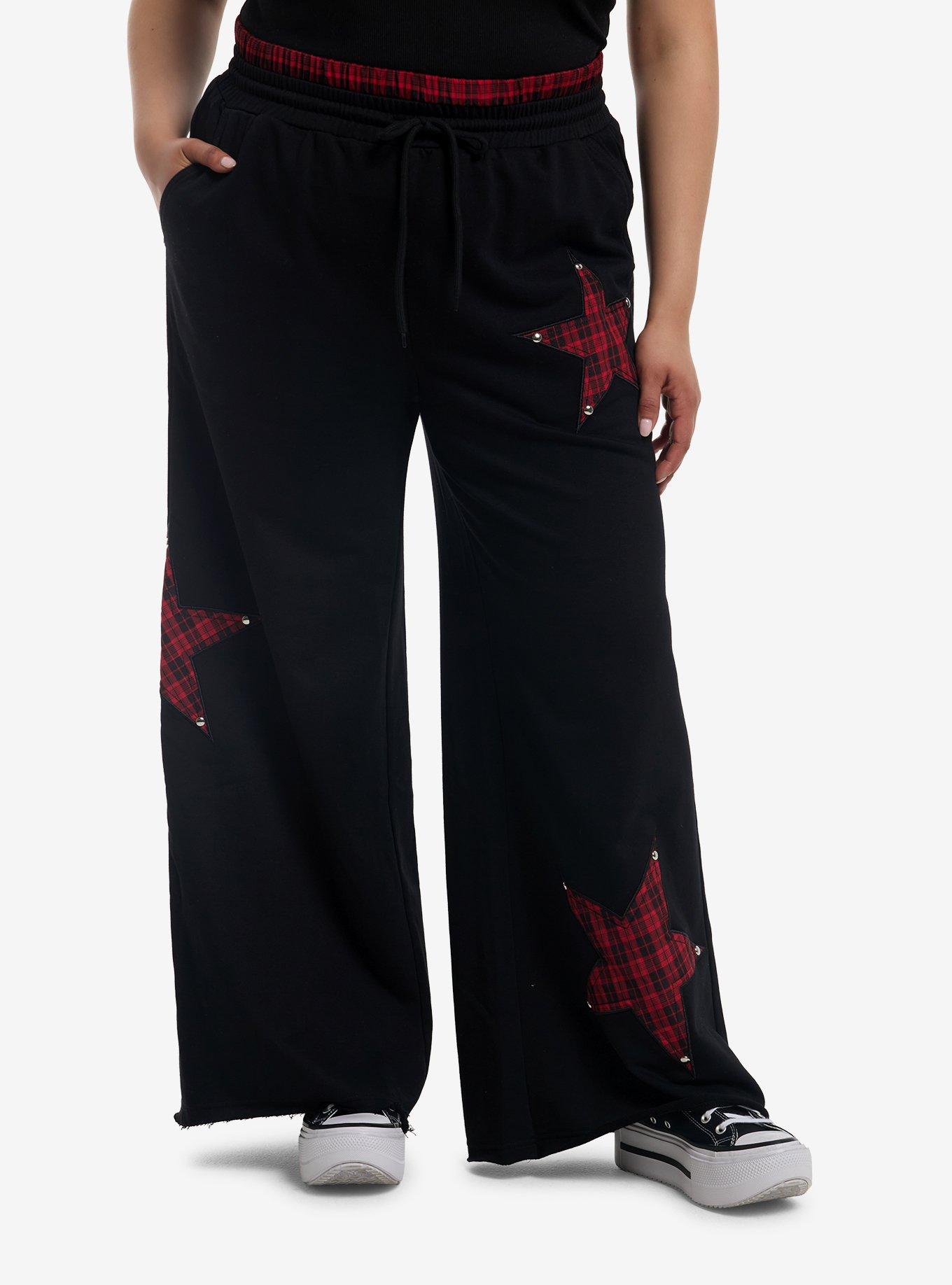 Red & Black Star Plaid Double Waist Lounge Pants Plus Size, , hi-res