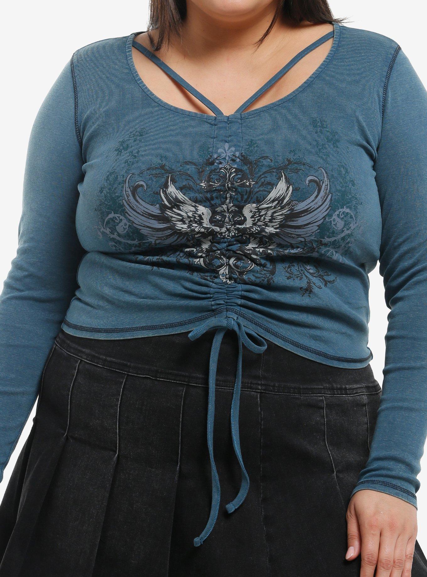 Social Collision Teal Wings & Filigree Cinched Girls Long-Sleeve Top Plus Size, , hi-res