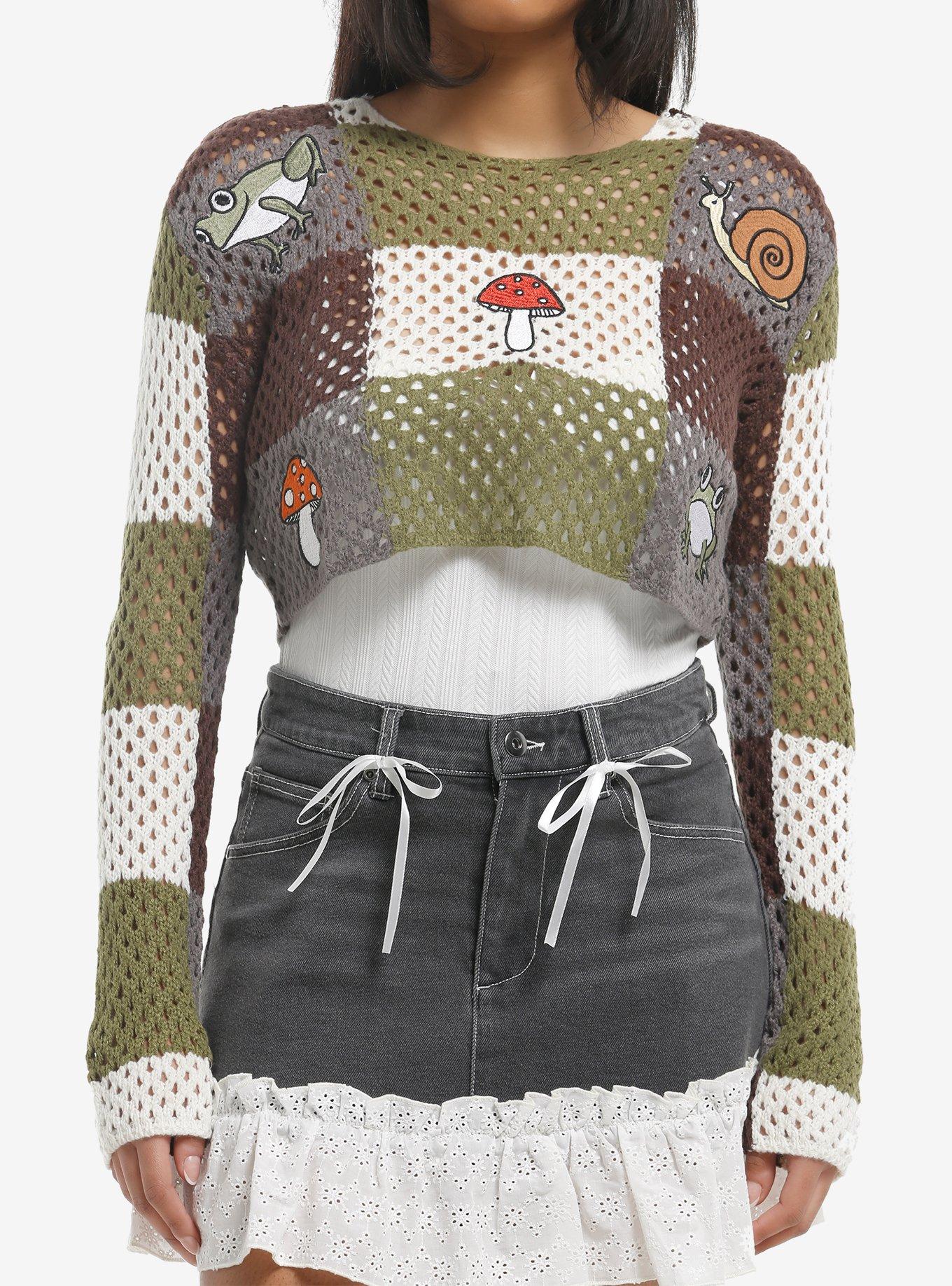 Thorn & Fable Mushroom & Frog Girls Crop Sweater, , hi-res