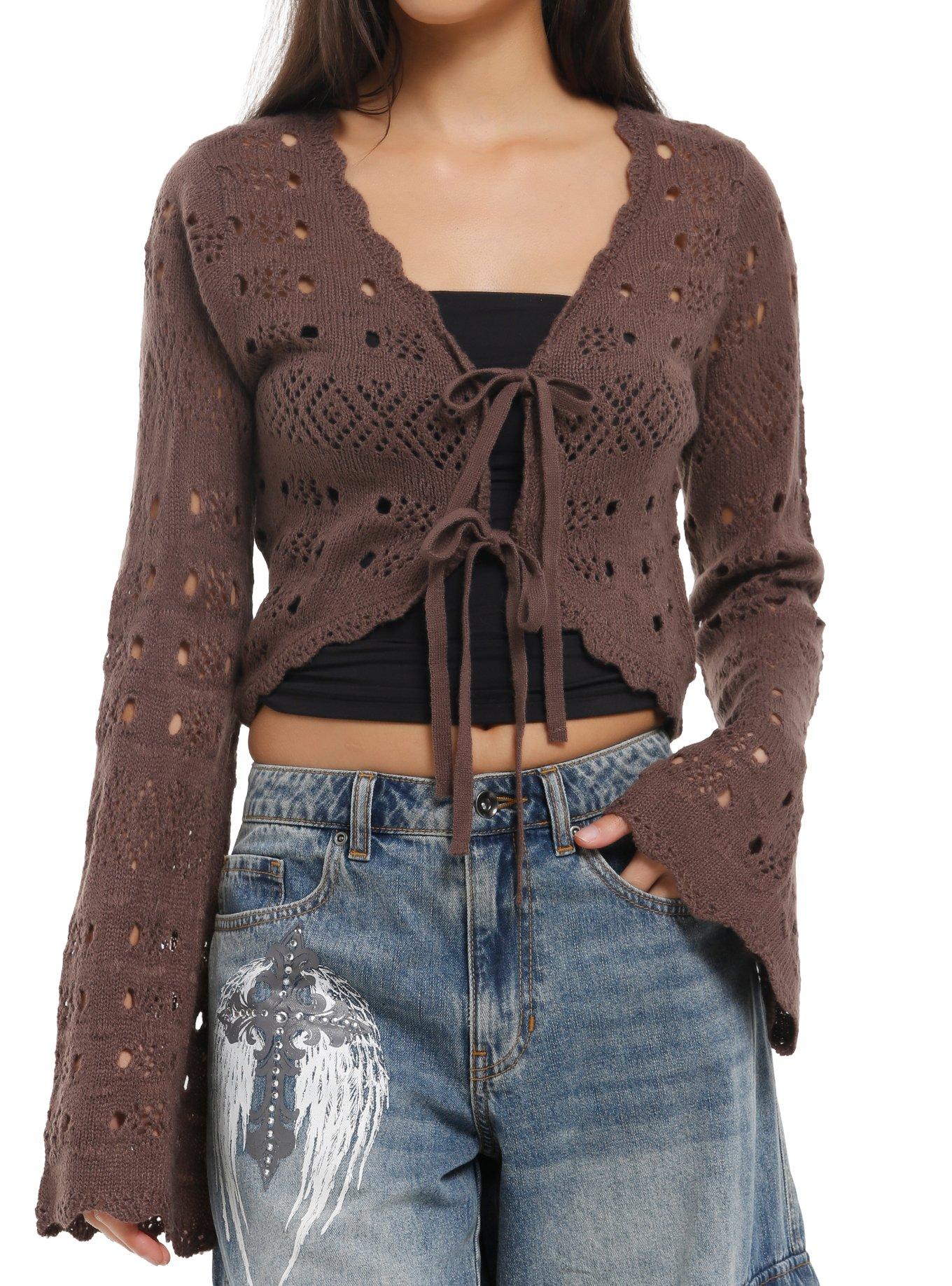 Thorn & Fable Brown Tie-Front Girls Crop Sweater, , hi-res