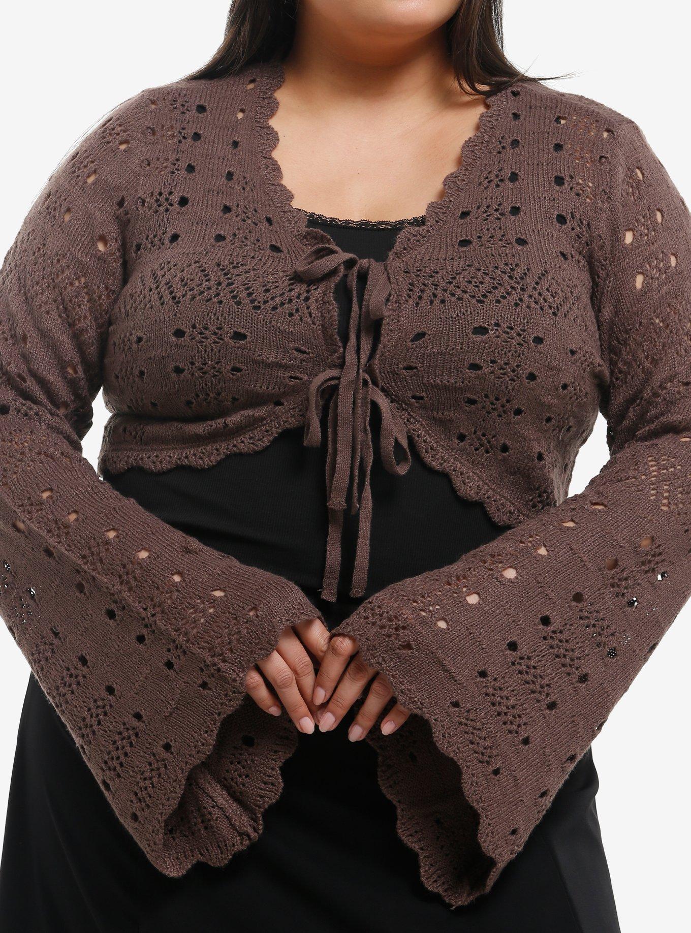 Thorn & Fable Brown Tie-Front Girls Crop Sweater Plus Size, , hi-res