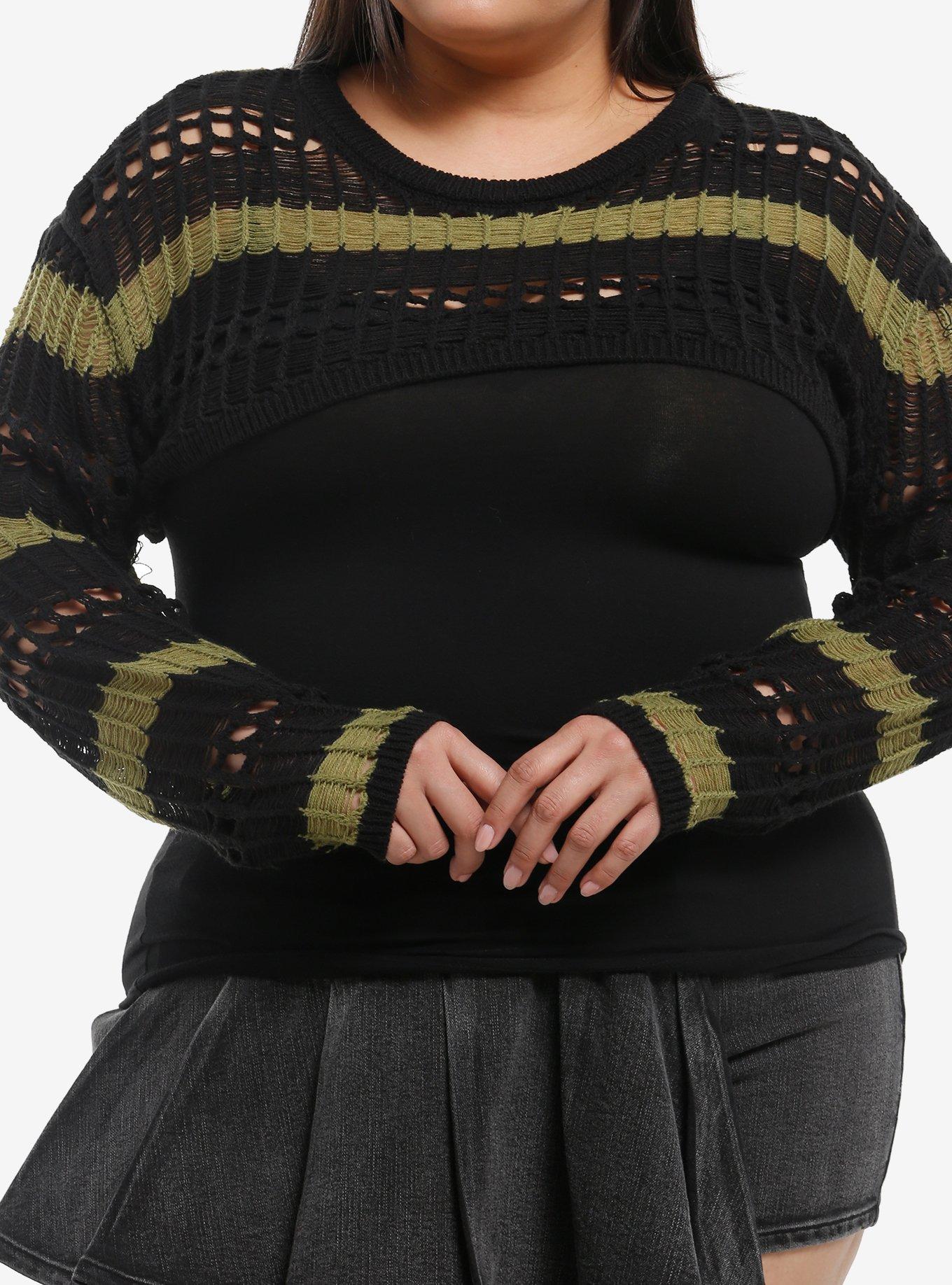 Black & Green Stripe Distressed Girls Crop Shrug Plus Size, , hi-res