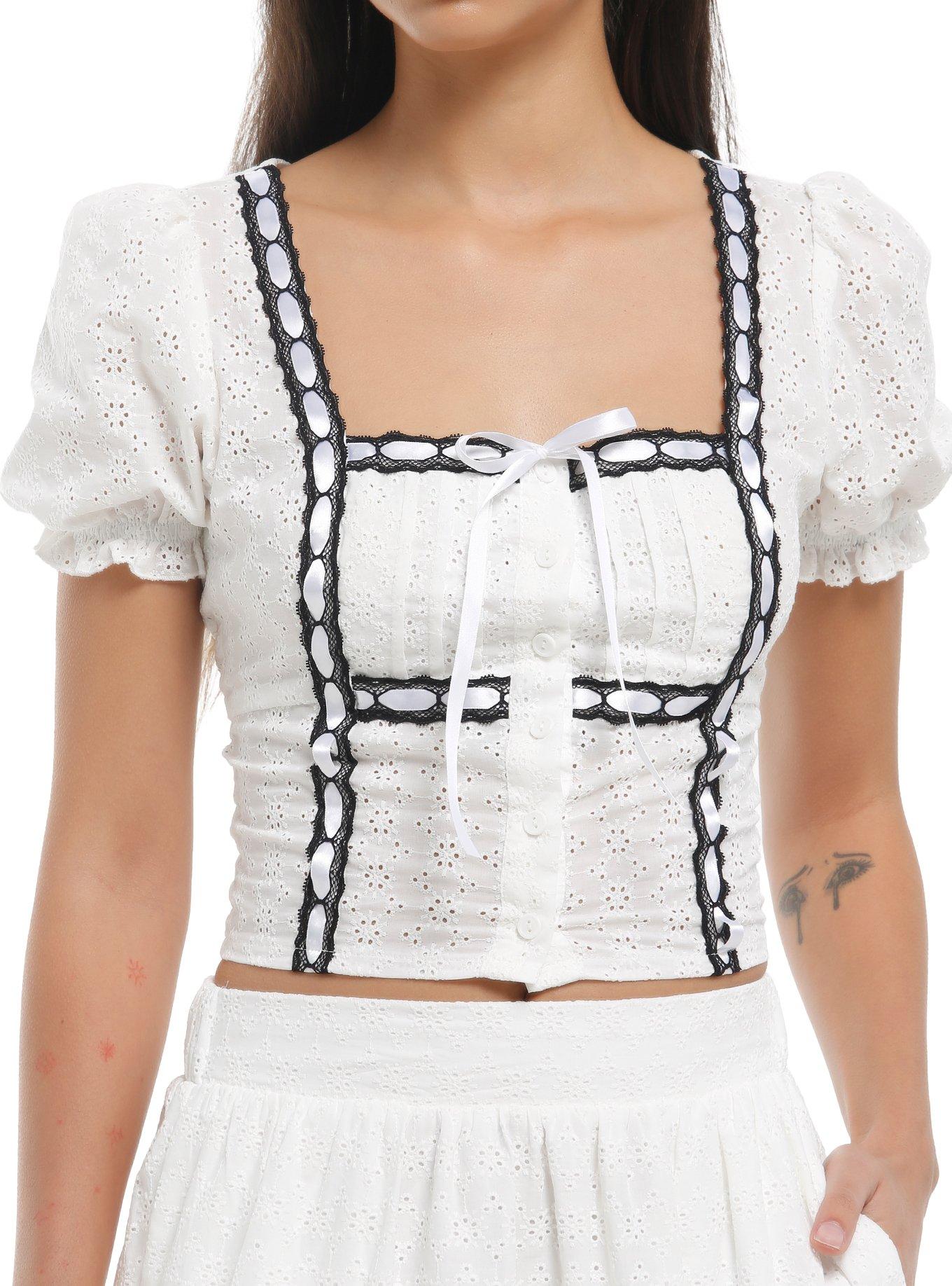 Thorn & Fable Black & White Lace Eyelet Girls Crop Top, , hi-res