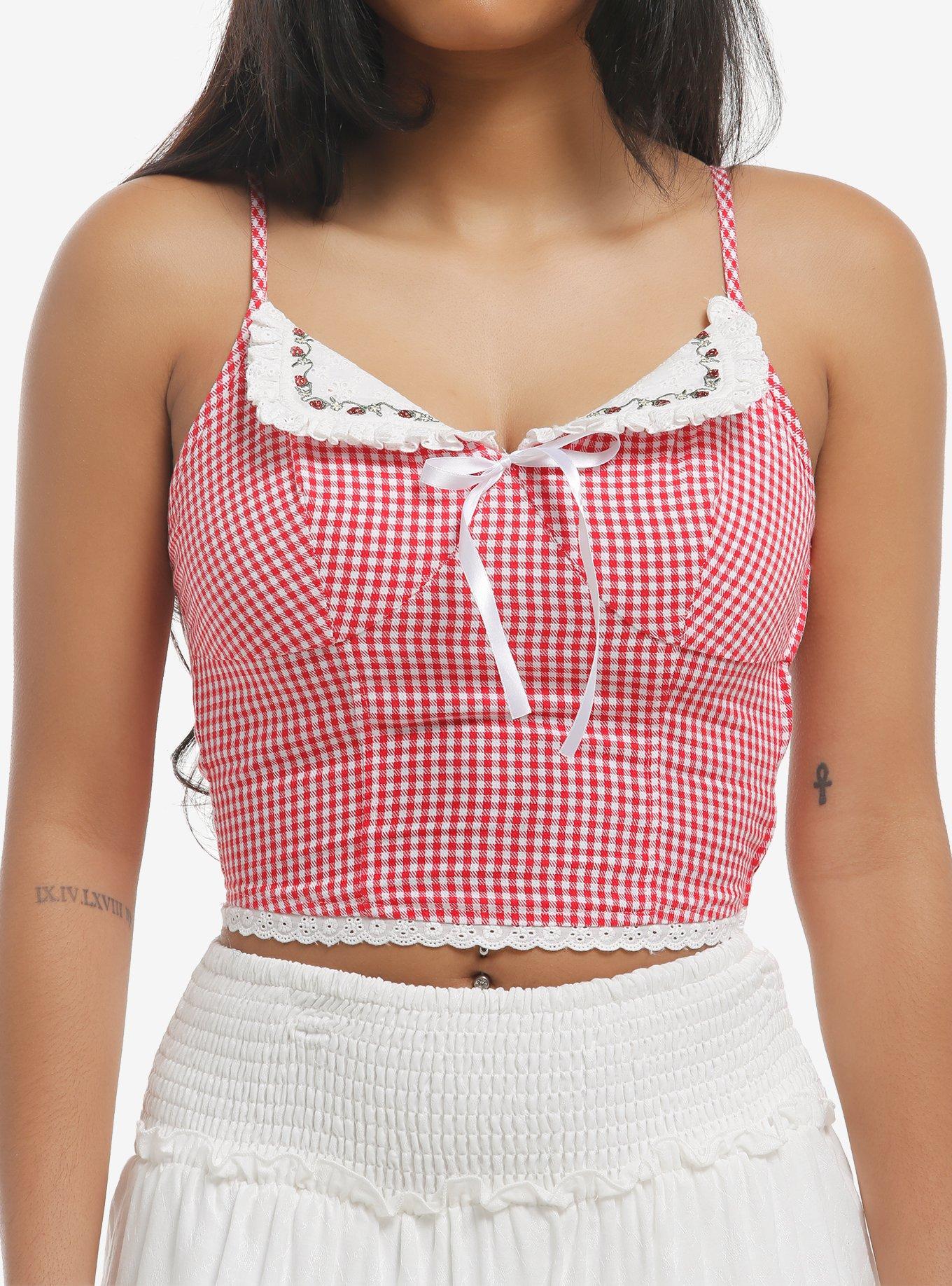 Thorn & Fable Gingham Strawberry Collar Girls Crop Cami, , hi-res
