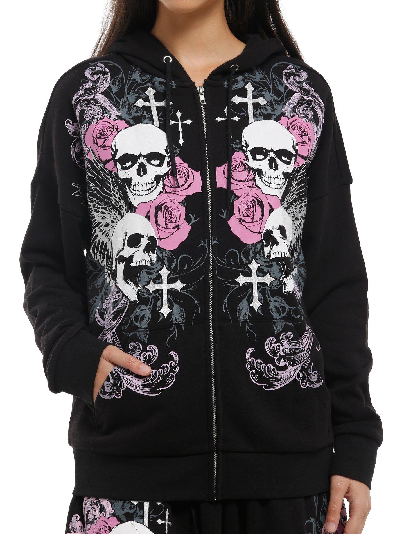 Black & Pink Winged Skull Girls Hoodie, , hi-res