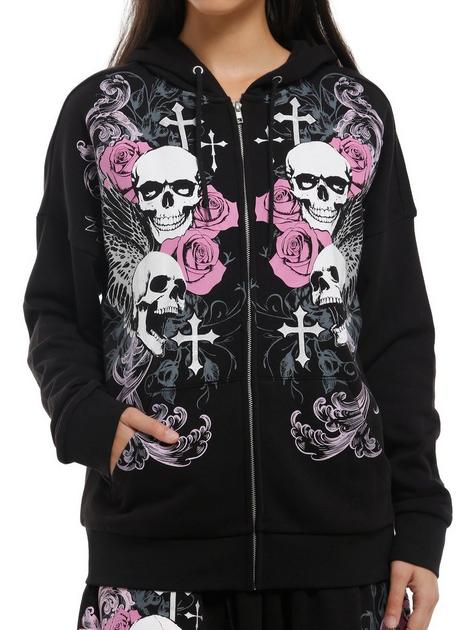 トップス 00s civarize velour hoodie skull rose Black & Pink Winged Skull Girls Hoodie | Hot Topic
