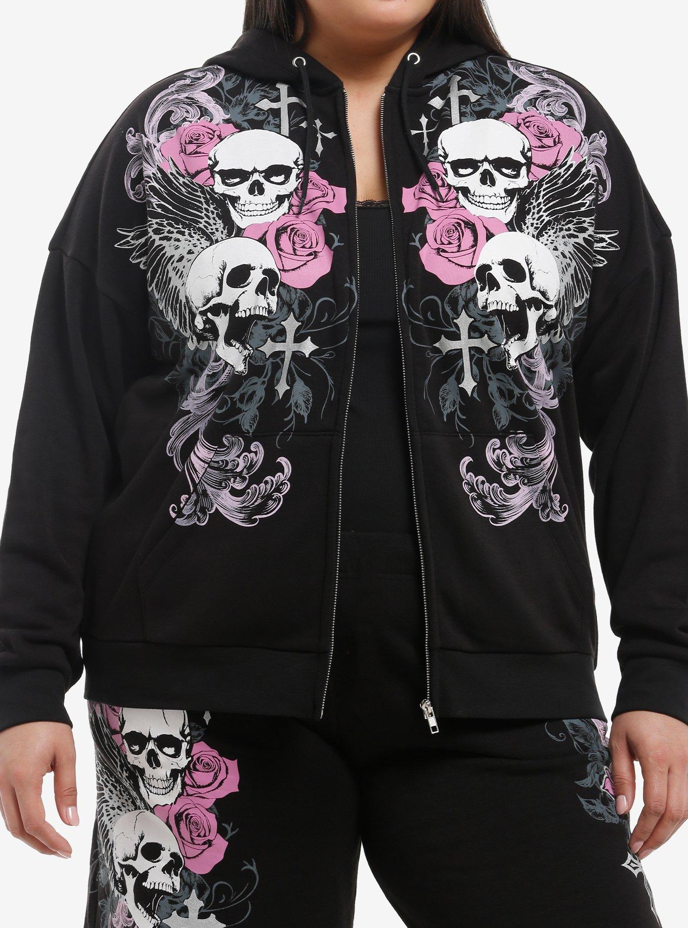 Black & Pink Winged Skull Girls Hoodie Plus Size, , hi-res
