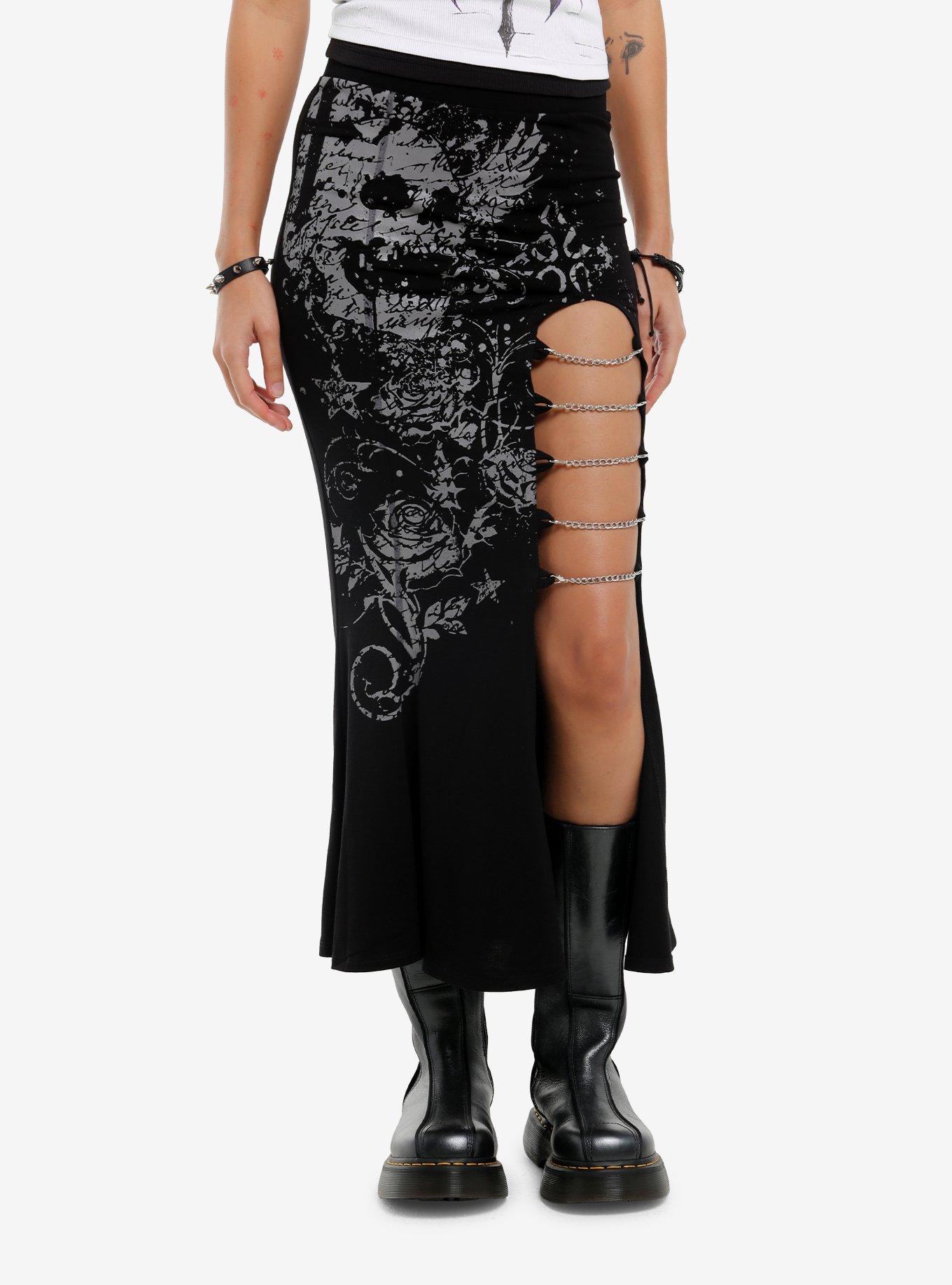 Social Collision Skull & Rose Chain Slit Midi Skirt, , hi-res