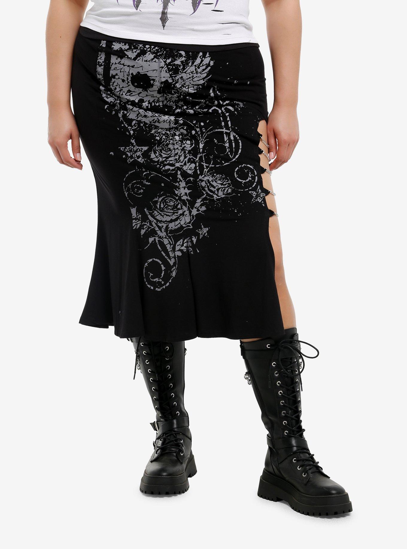 Social Collision Skull & Rose Chain Slit Midi Skirt Plus Size