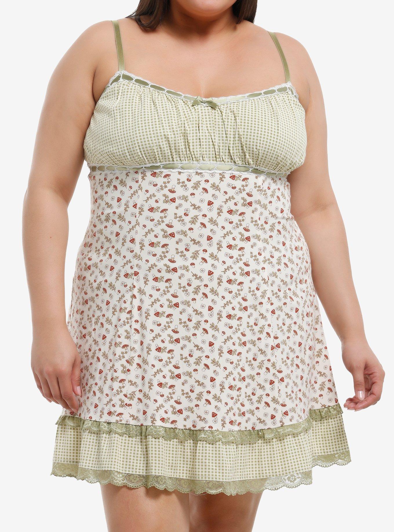 Thorn & Fable Mushroom Gingham Slip Dress Plus Size, , hi-res
