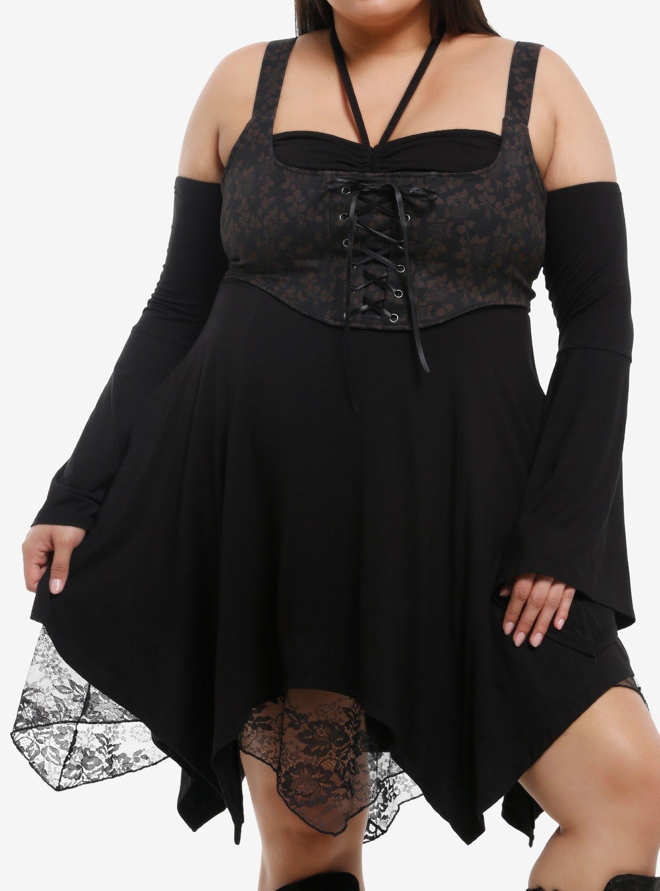 Cosmic Aura Brown Rose Corset Cold-Shoulder Dress Plus Size, , hi-res