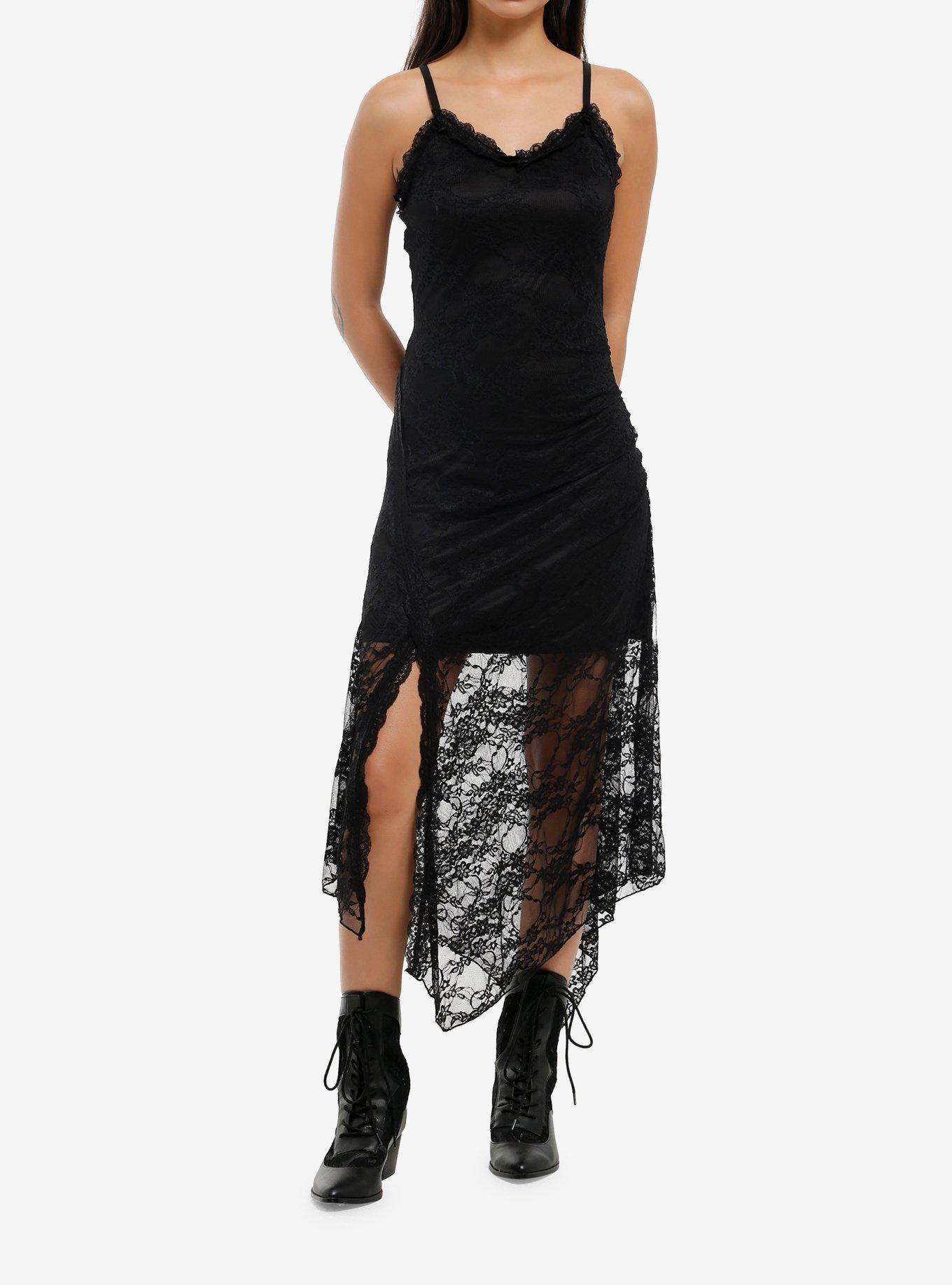 Cosmic Aura Black Asymmetrical Lace Cami Dress, , hi-res