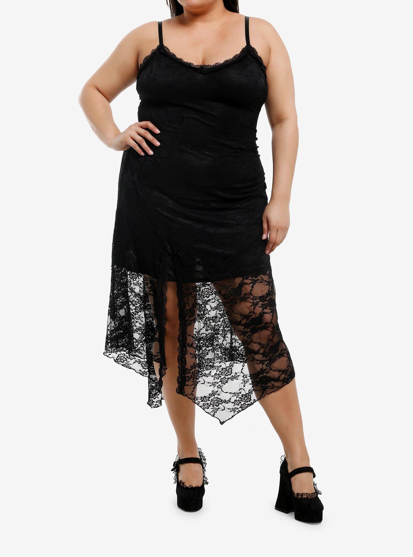 Cosmic Aura Black Asymmetrical Lace Cami Dress Plus Size, , hi-res