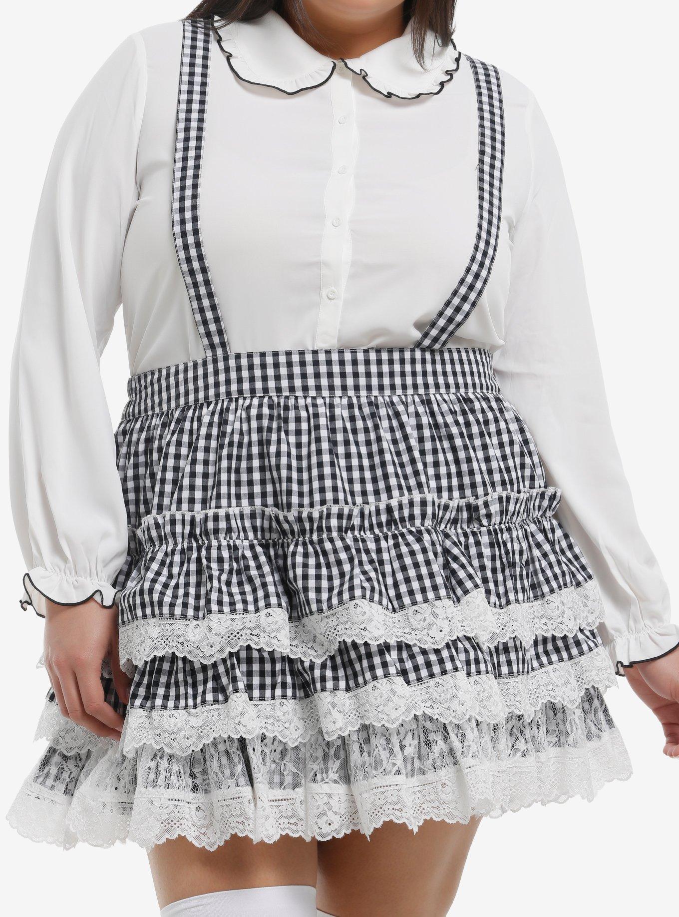Thorn & Fable Black & White Gingham Lace Tiered Skirtall Plus Size, , hi-res