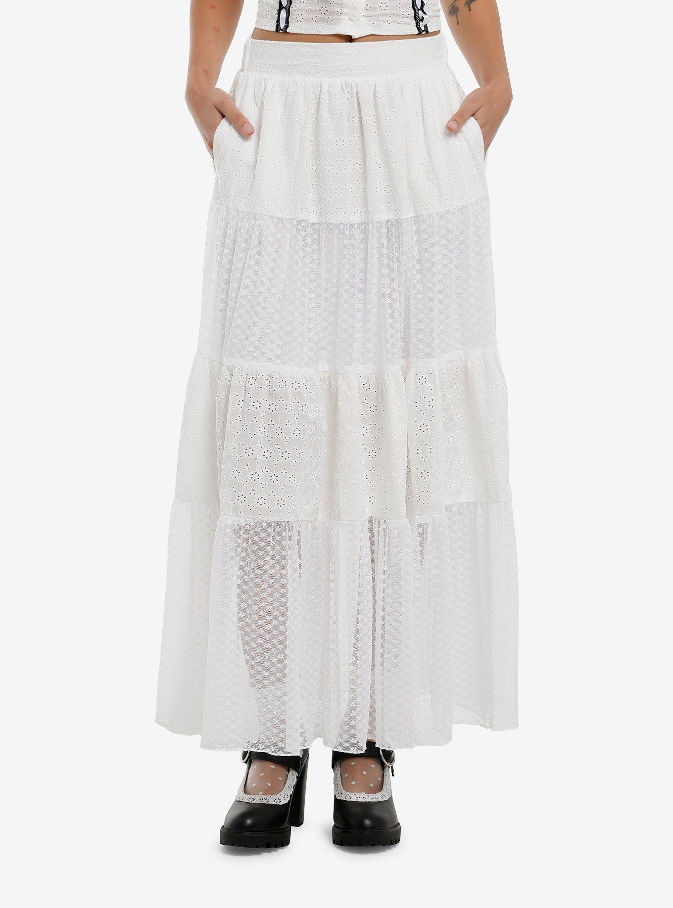 Thorn & Fable White Eyelet & Lace Tiered Midi Skirt, , hi-res