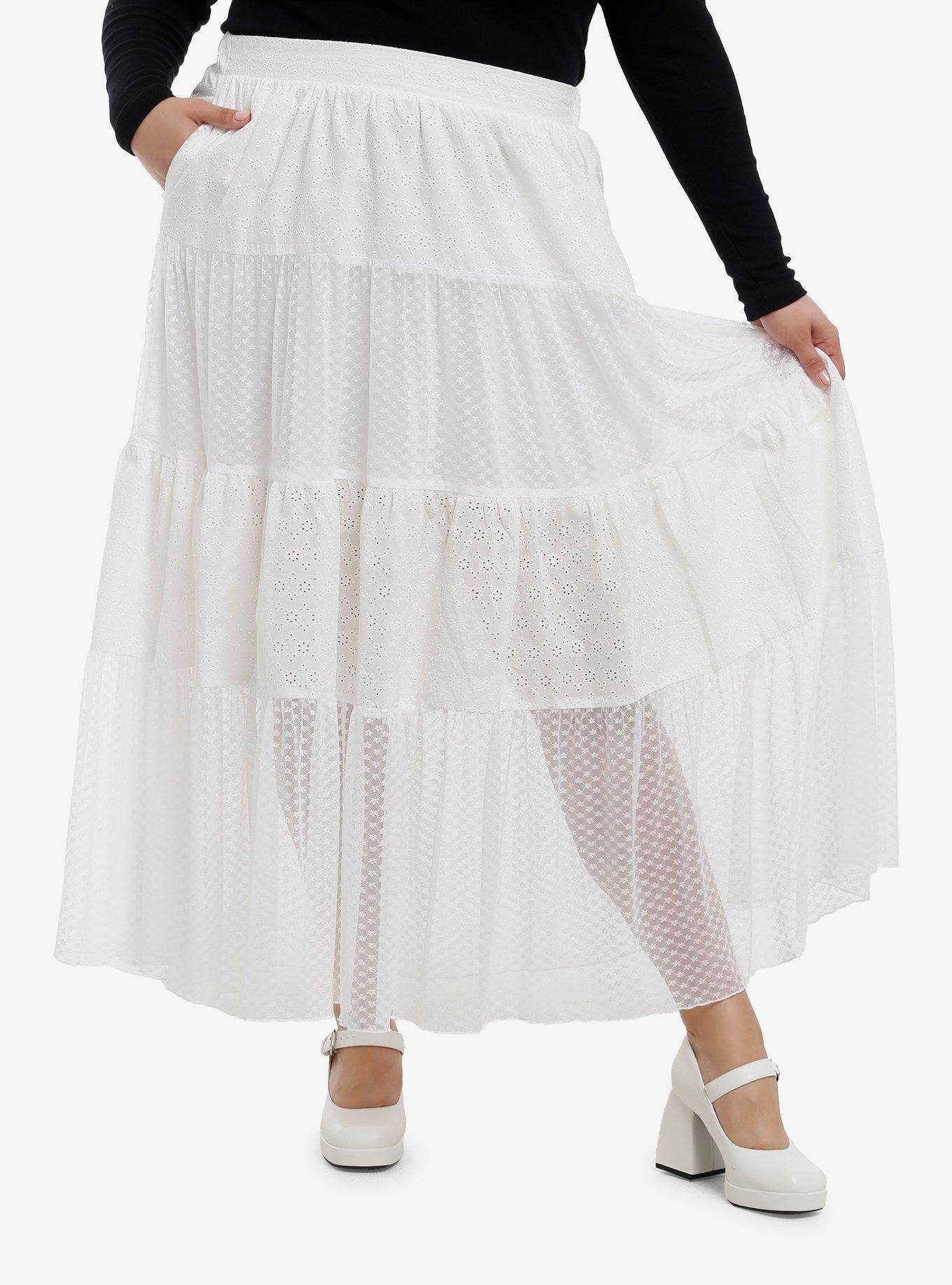 Thorn & Fable White Eyelet & Lace Tiered Midi Skirt Plus Size, , hi-res