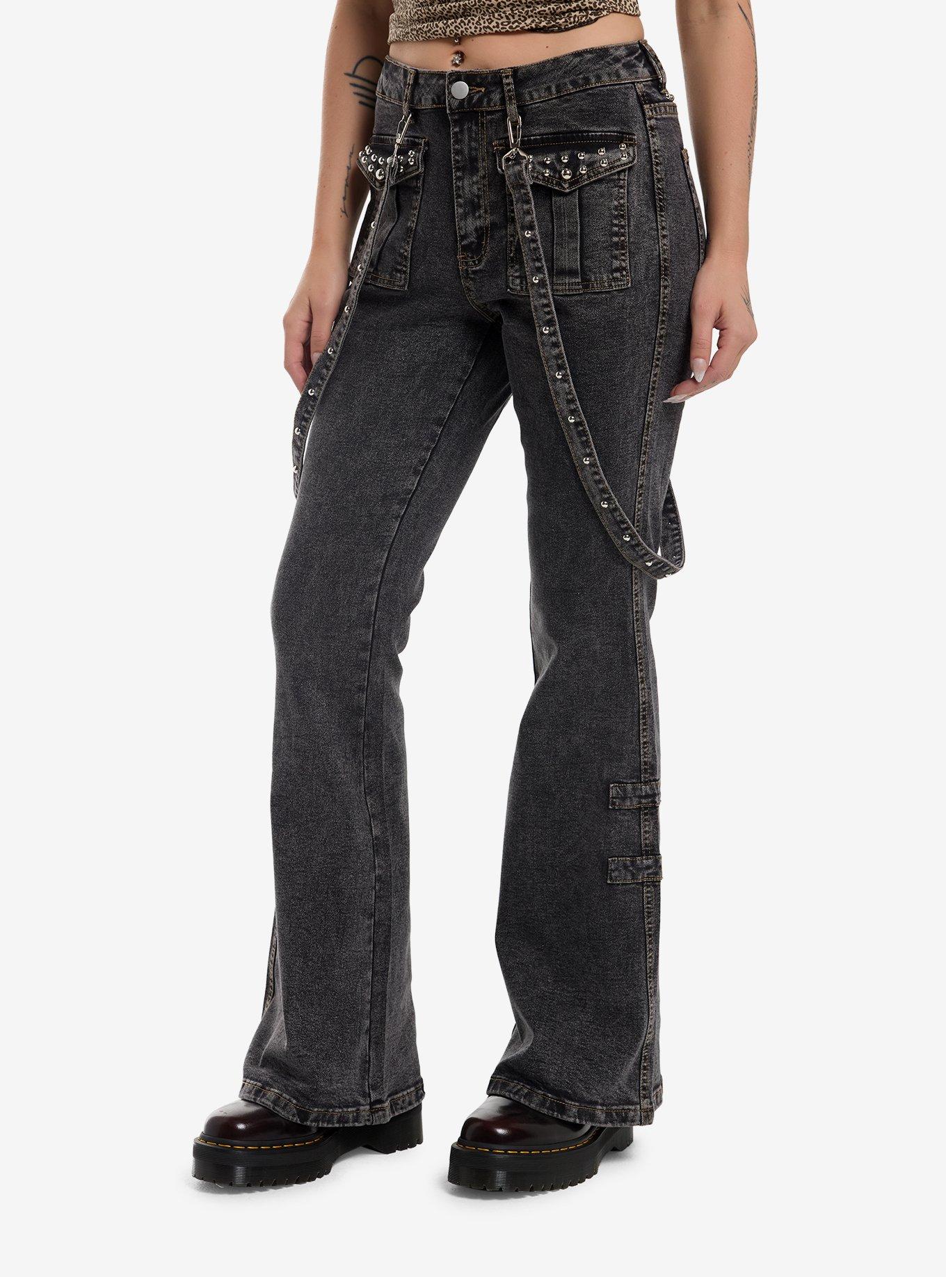 Grey Wash Rounded Stud Suspender Flare Jeans, , hi-res