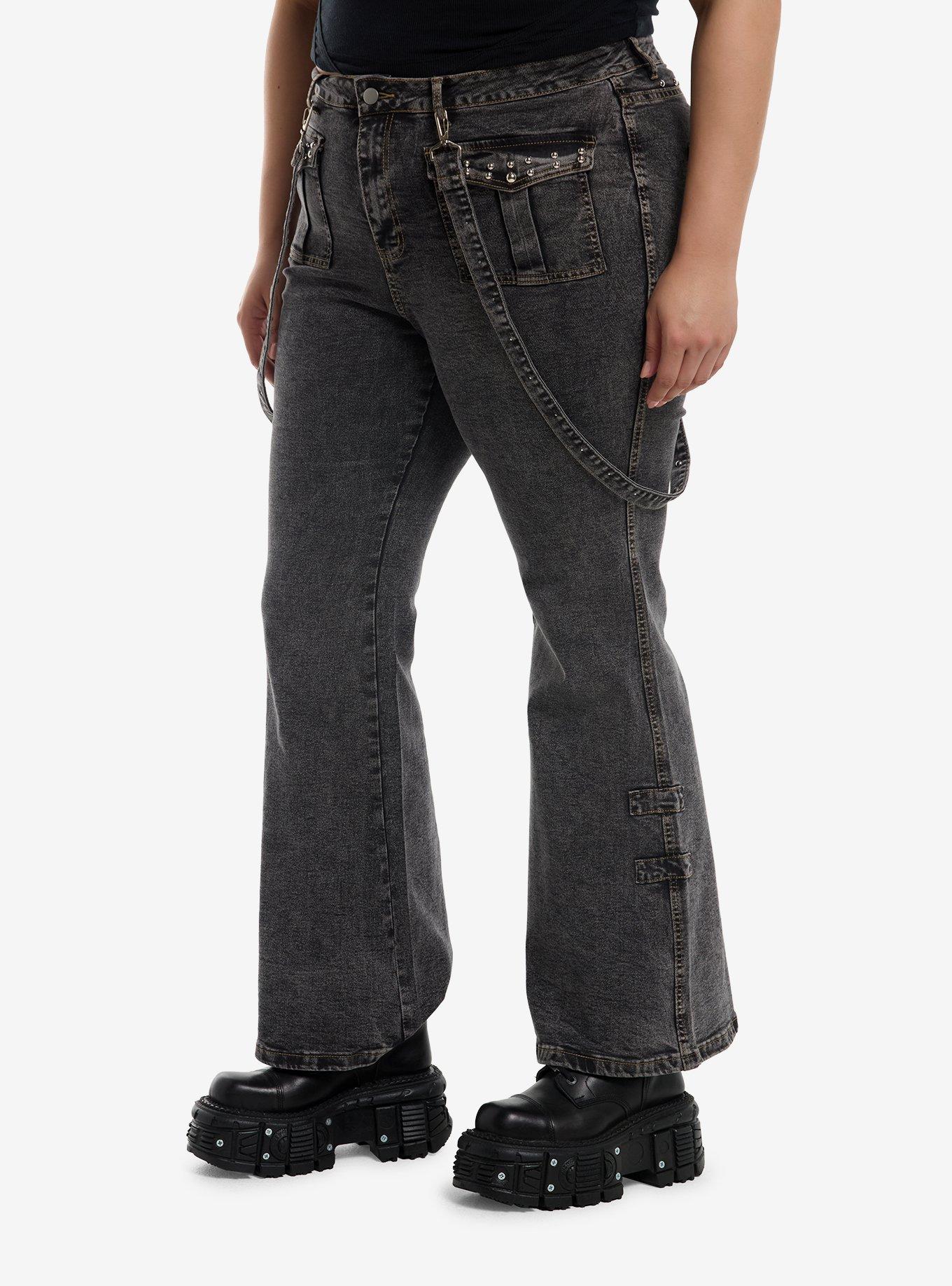 Grey Wash Rounded Stud Suspender Flare Jeans Plus Size, , hi-res