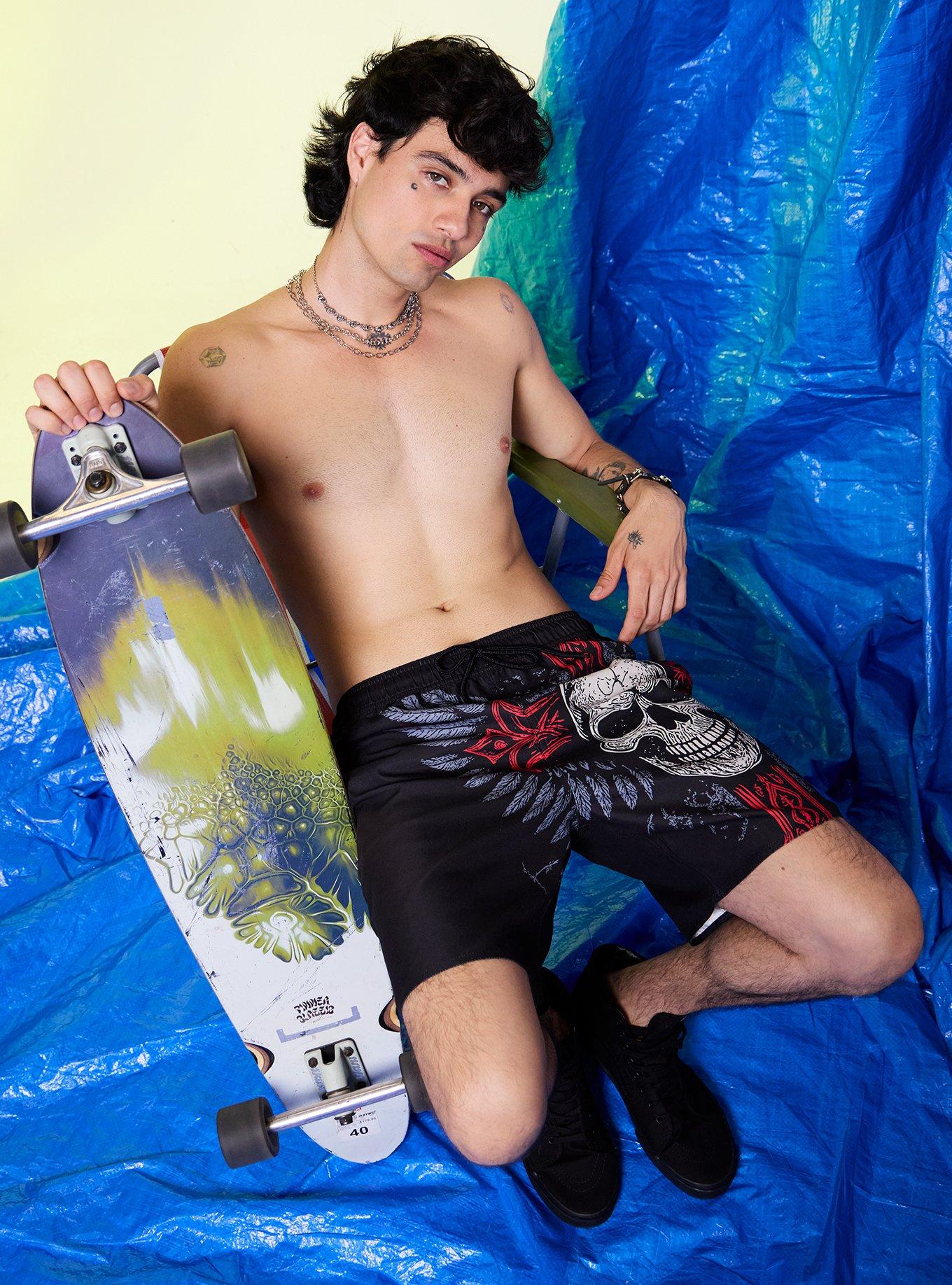 Winged Skull Cross Swim Trunks, , hi-res