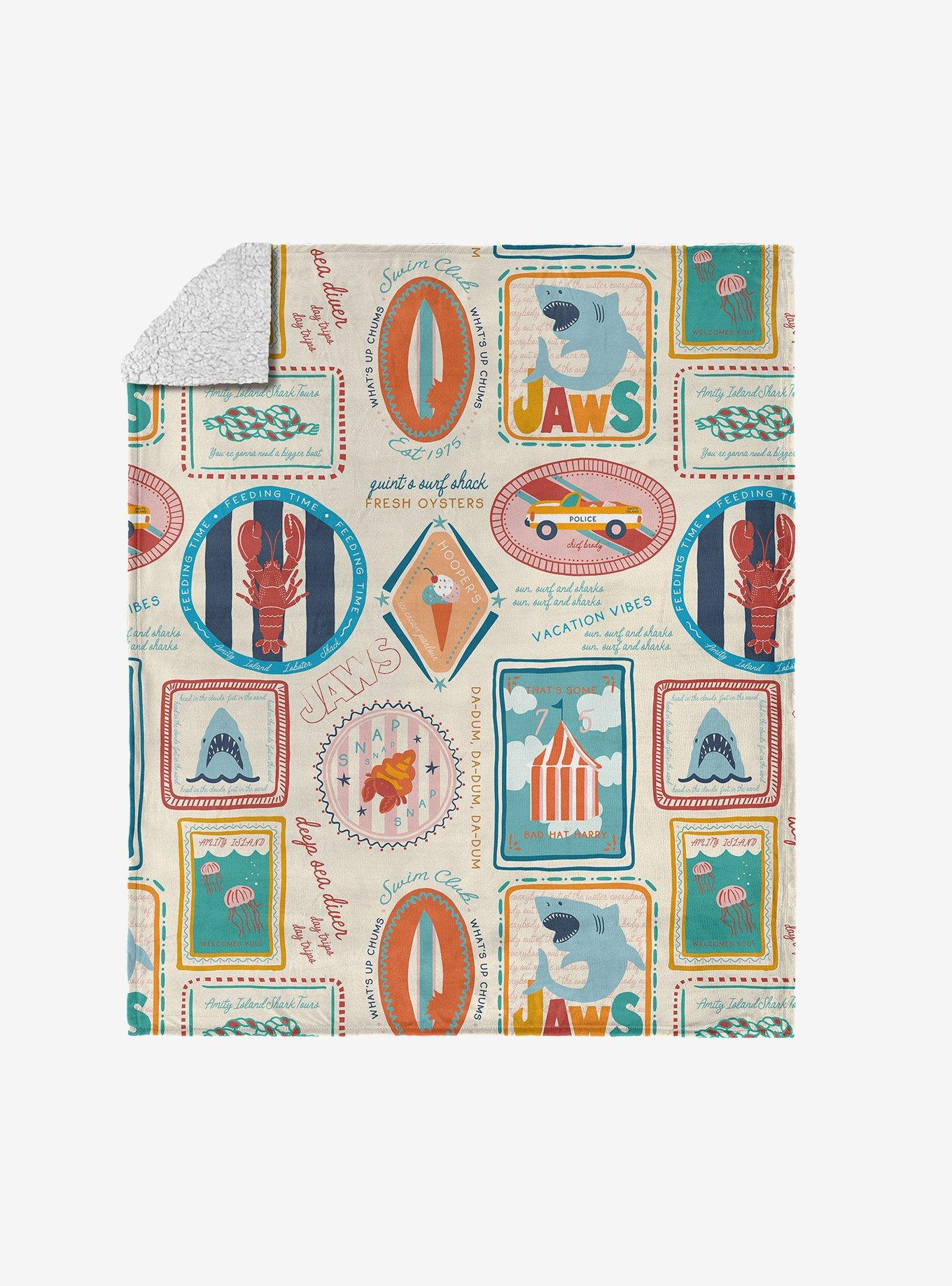 Jaws Post Stamps Silk Touch Sherpa Throw Blanket, , hi-res