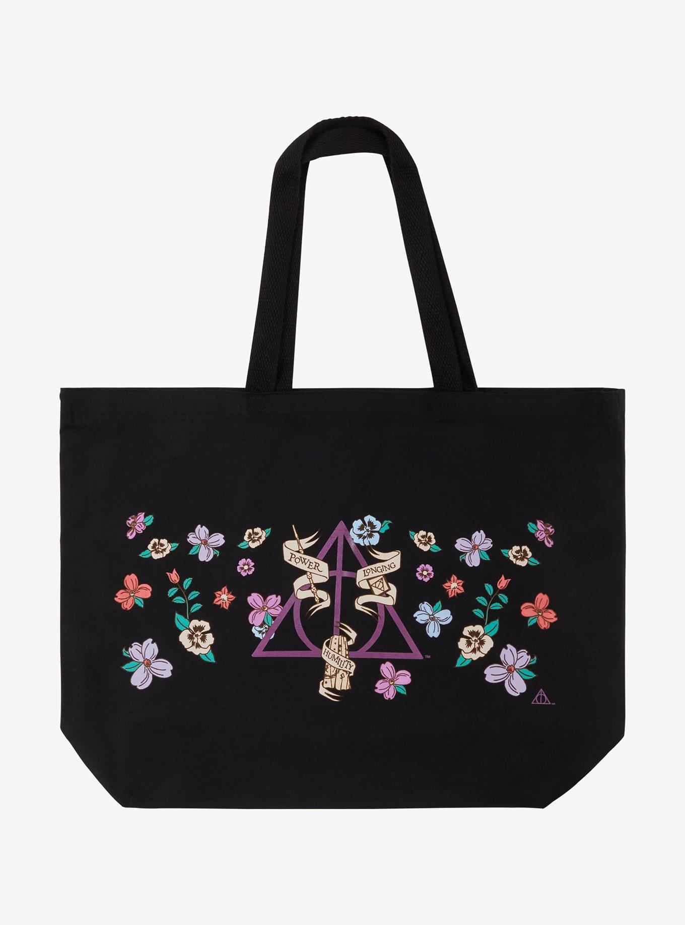 Harry Potter Floral Deathly Hallows Canvas Tote Bag - BoxLunch Exclusive, , hi-res