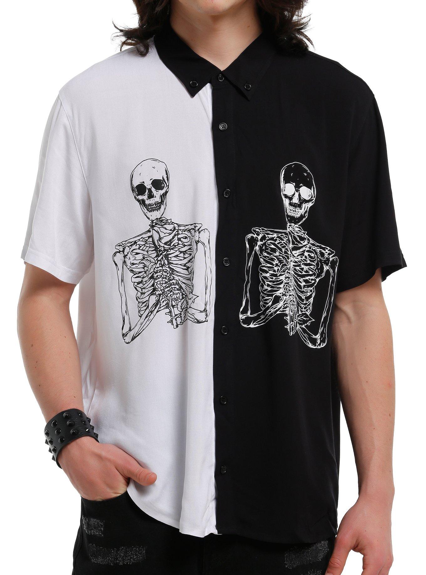 Black & White Skeletons Split Woven Button-Up, , hi-res