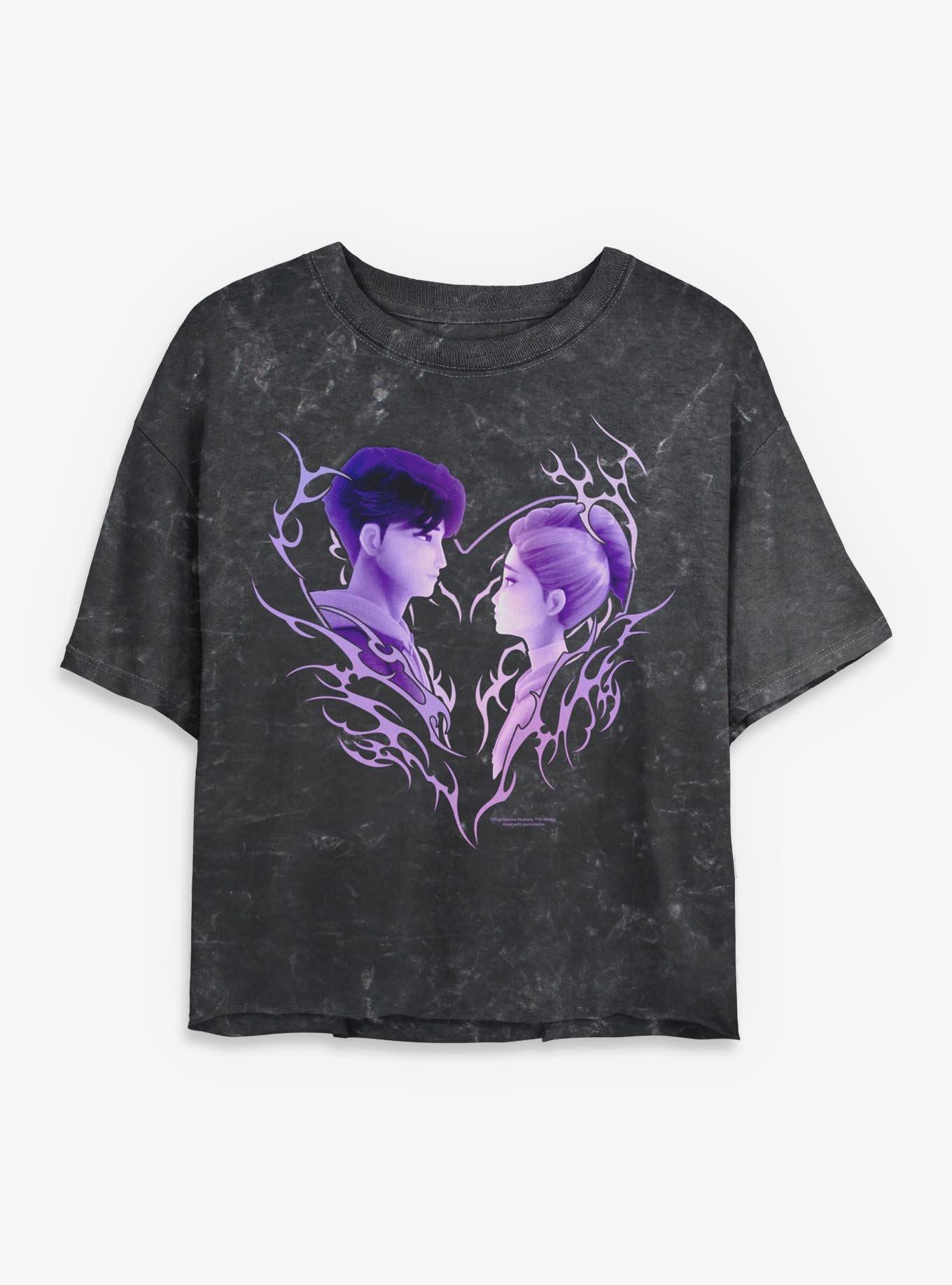 KPop Demon Hunters Jinu & Rumi Cyber Heart Mineral Wash Womens Crop T-Shirt, , hi-res