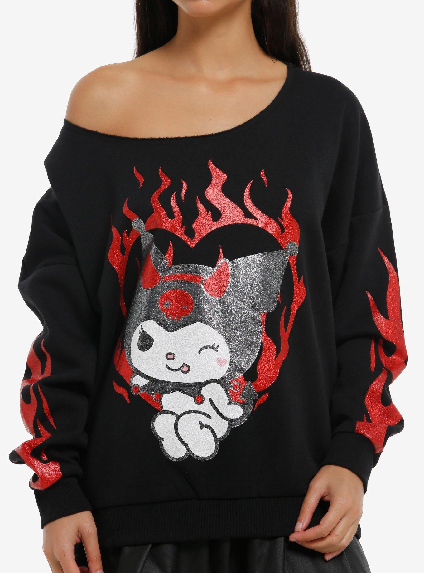 Kuromi Heart Glitter Flame Girls Off-Shoulder Sweatshirt, , hi-res