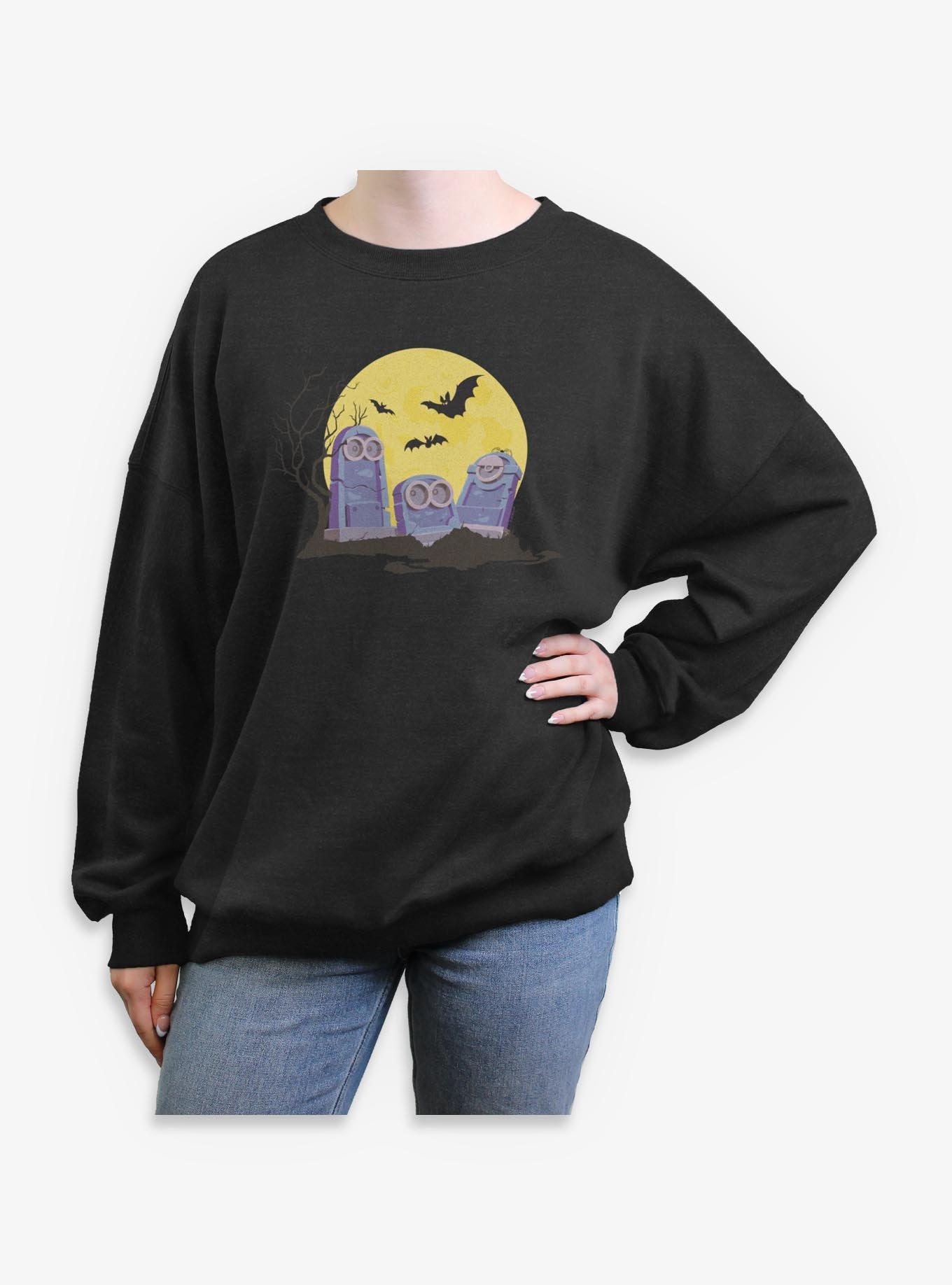 Minions Spooky Tombstone Cemetery Womens Oversized Sweatshirt, CHAR HTR, hi-res