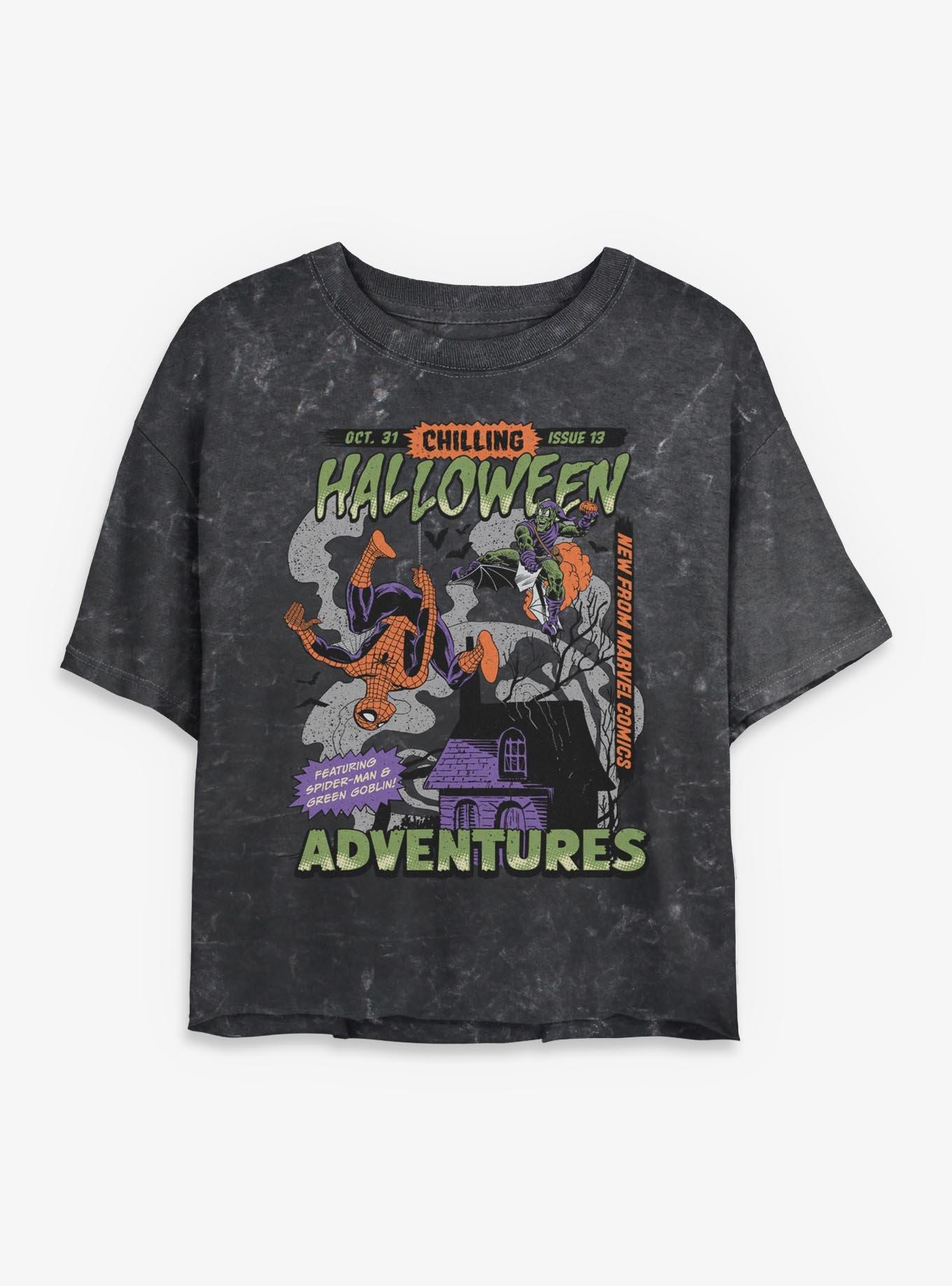 Marvel Spider-Man Chilling Halloween Adventures Comic Style Cover Mineral Wash Womens Crop T-Shirt, , hi-res